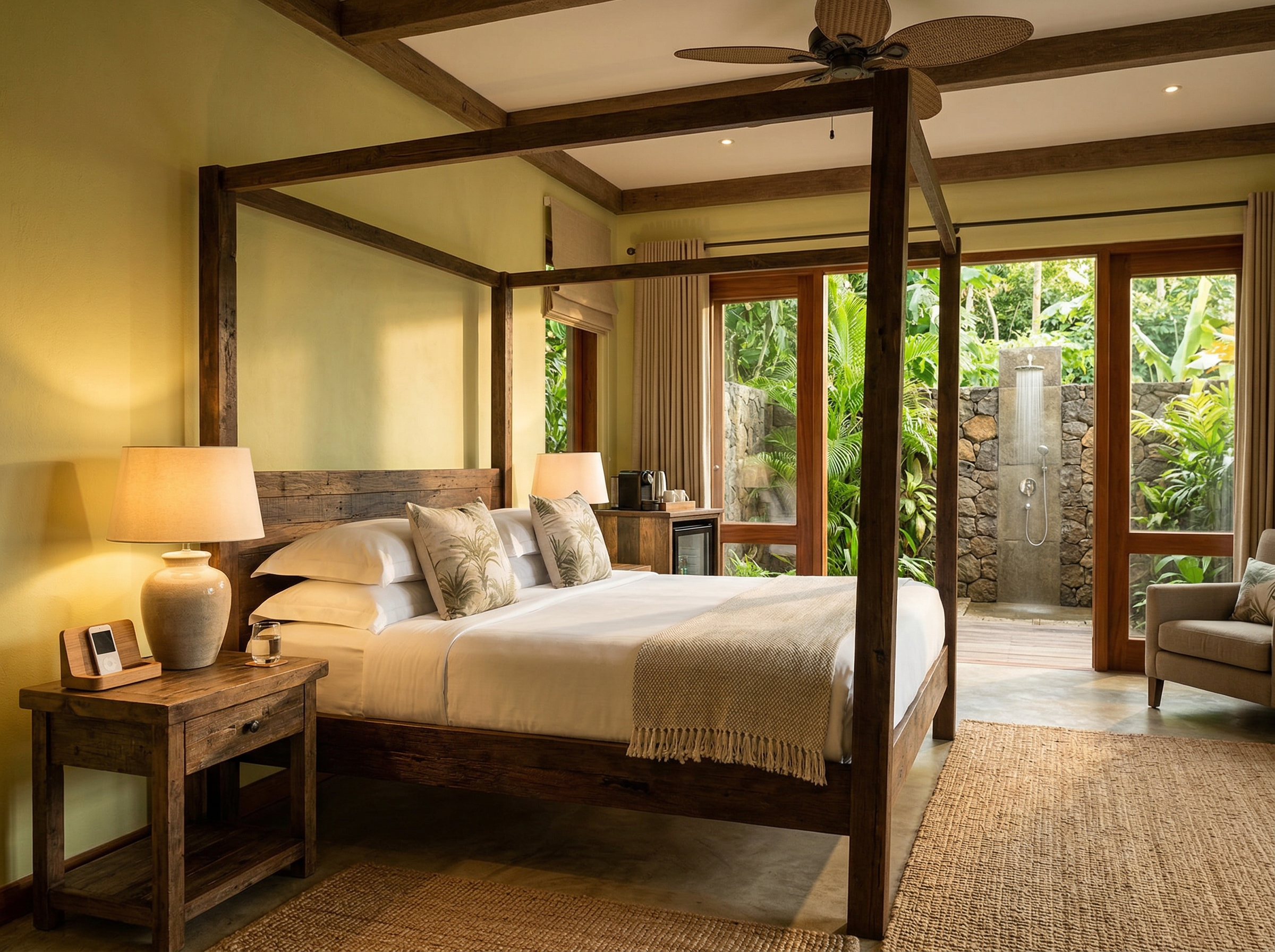 Luxury suite interior at Lakaz Chamarel with four-poster bed, outdoor shower and jungle garden view