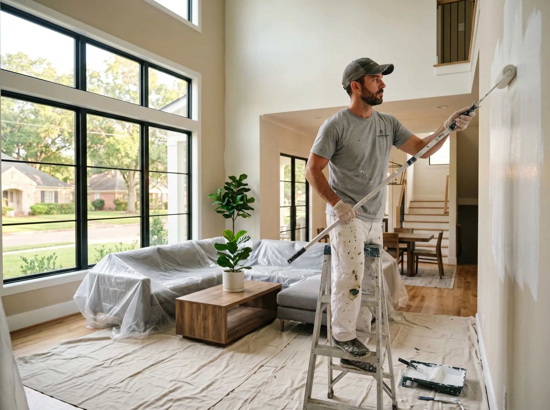 Professional painter rolling white paint on interior living room walls with drop cloths protecting the floor