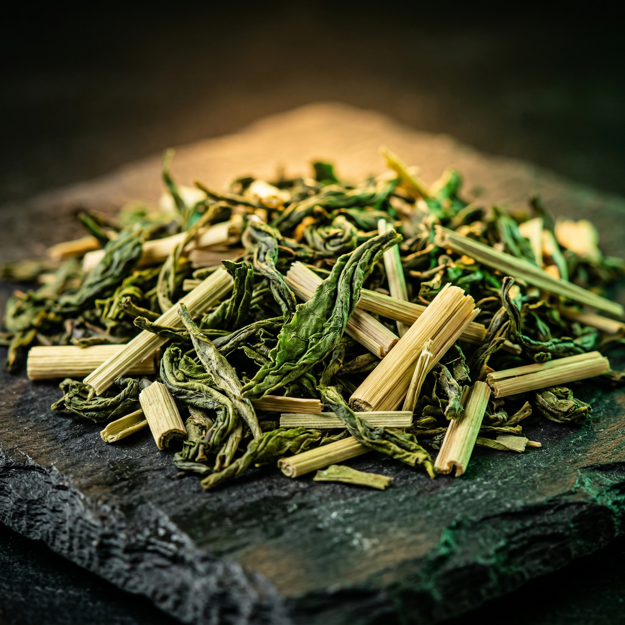 Green Man green tea and lemongrass loose leaf blend on dark slate surface