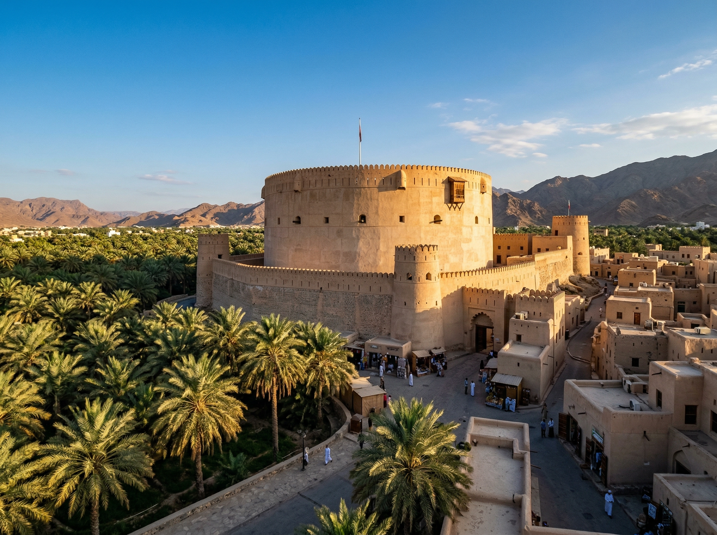 Nizwa Fort — iconic circular tower fortress surrounded by date palms, Oman