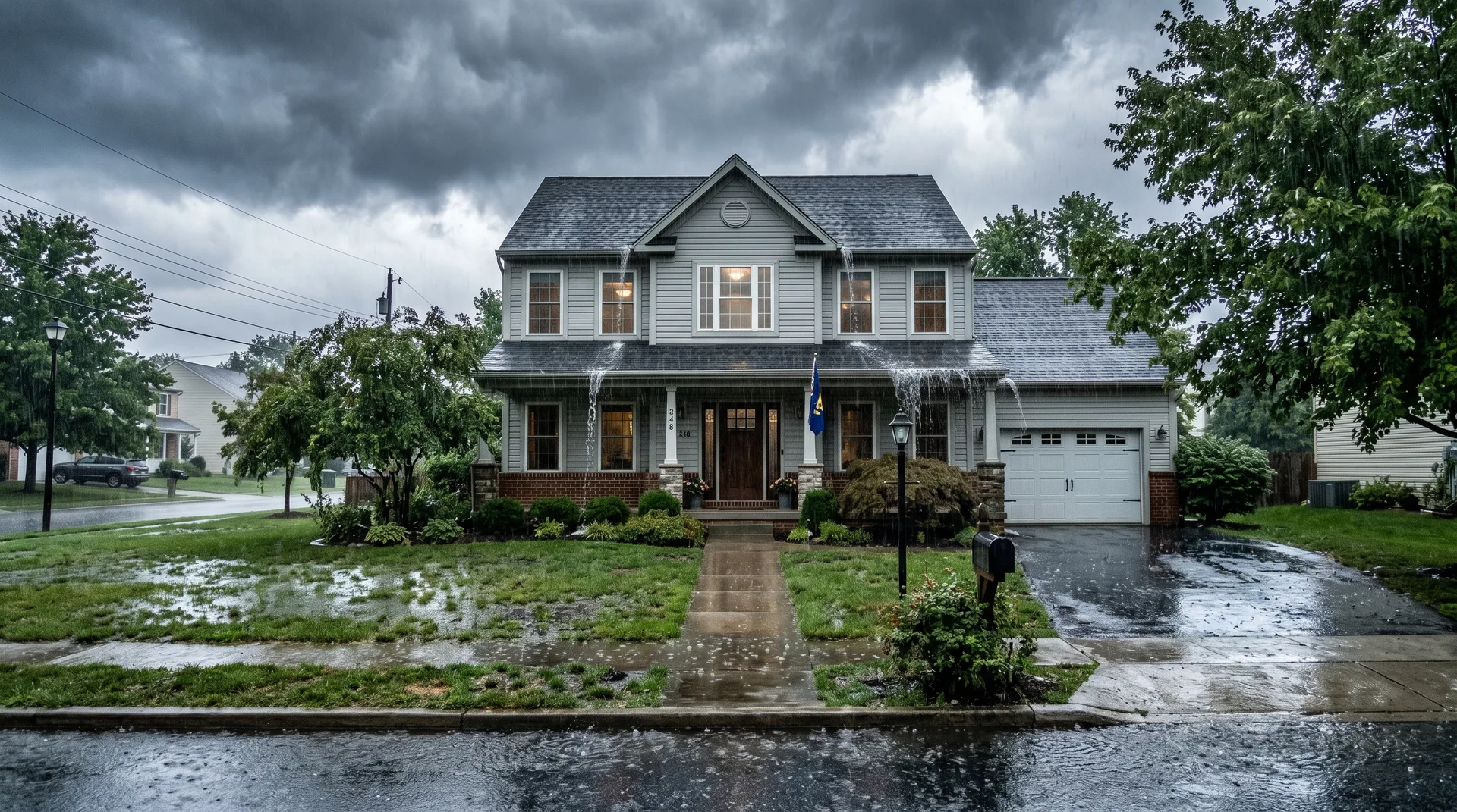 York County PA suburban home during heavy rainfall with water pooling on saturated lawn and overflowing gutters