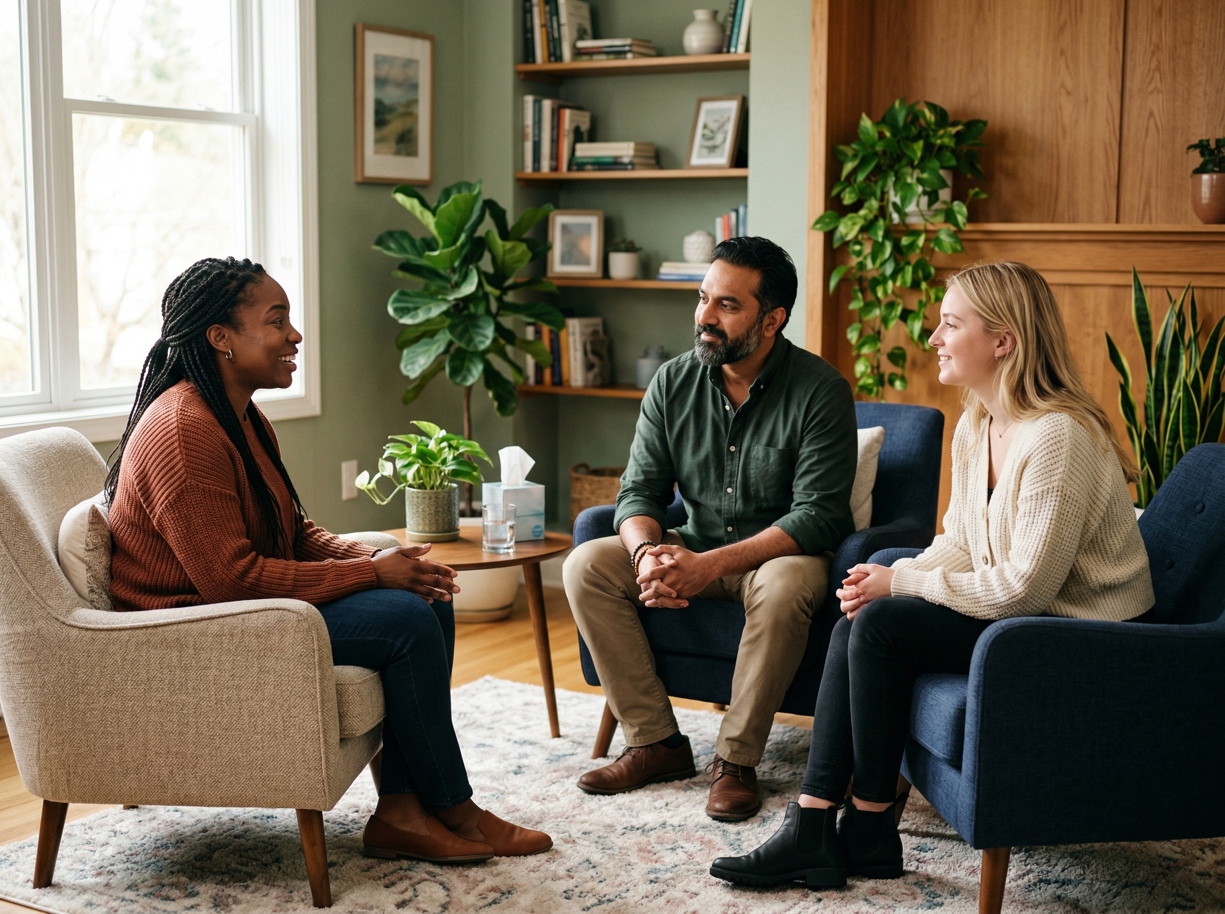Diverse group of people in a supportive therapy session