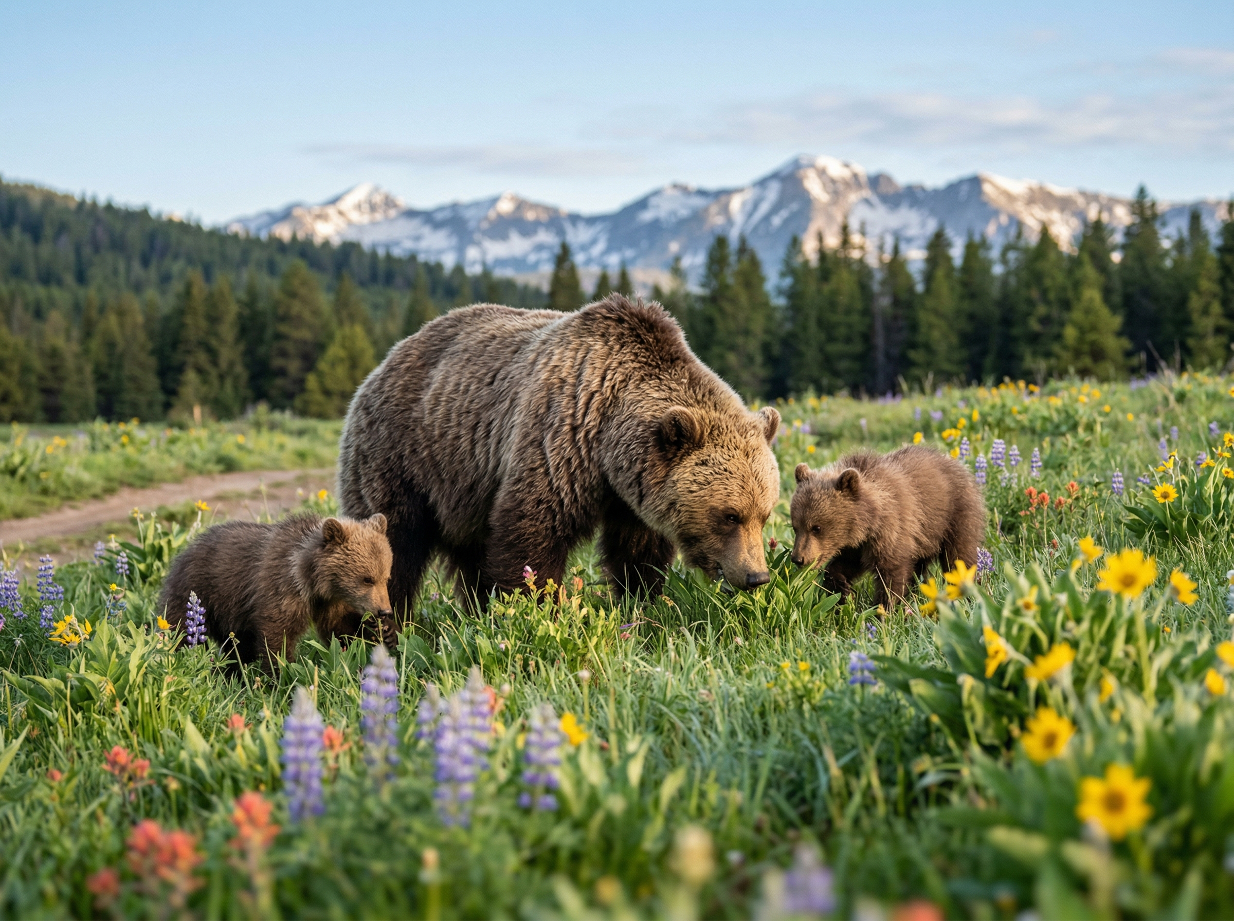 Grizzly bear mother with cubs foraging in a spring wildflower meadow in Montana