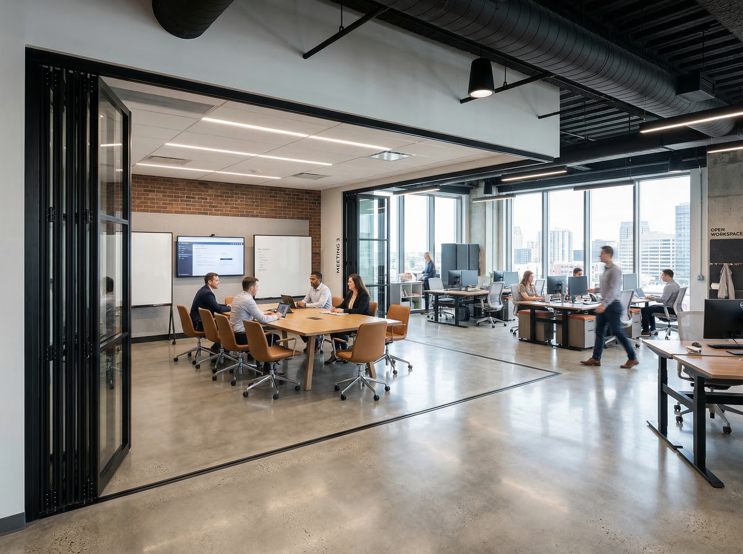 MG900 glazed partition open configuration showing flexible meeting space and open plan office