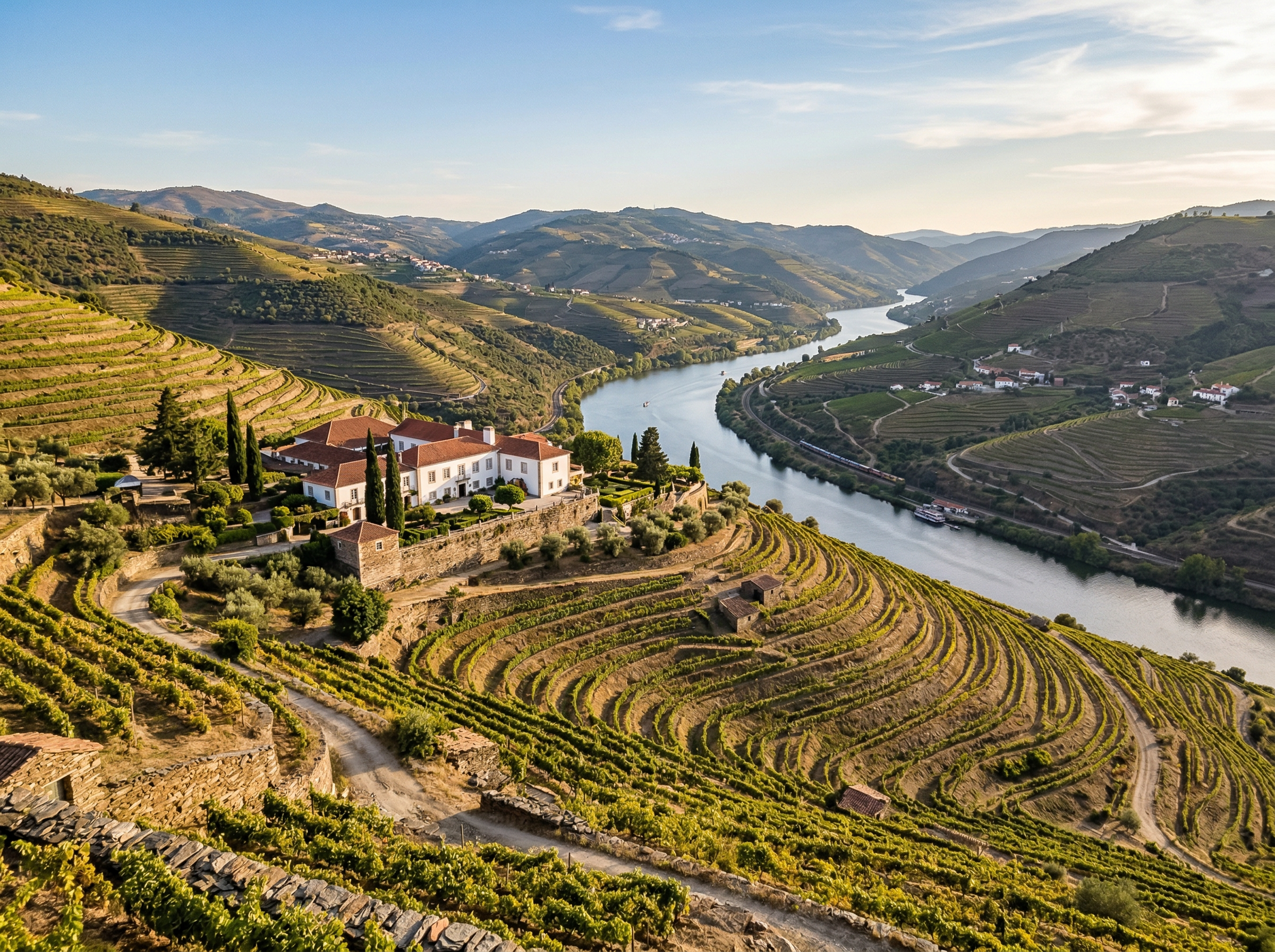 Terraced vineyards of the Douro Valley with a historic quinta estate and the Douro River