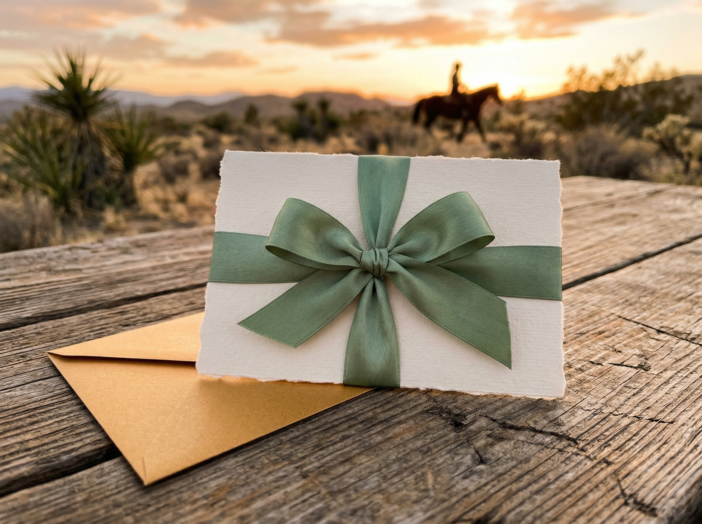Silver State Tours gift certificate with green ribbon and desert sunset horseback silhouette