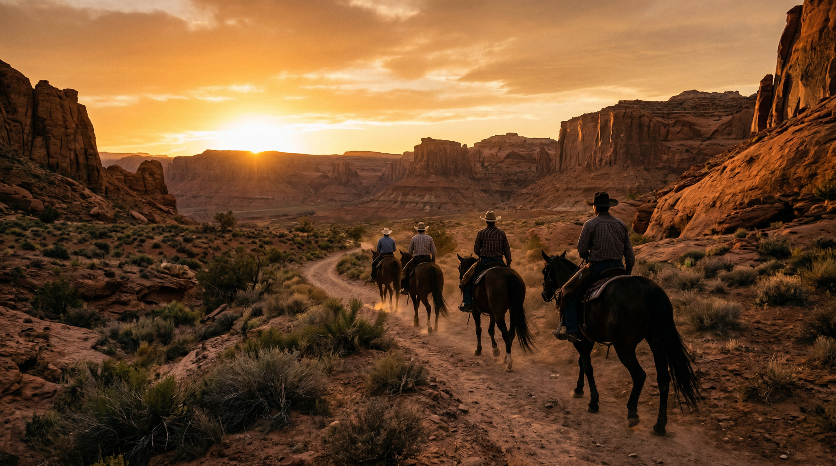 Group of riders on horseback through scenic Nevada desert canyon at golden sunset