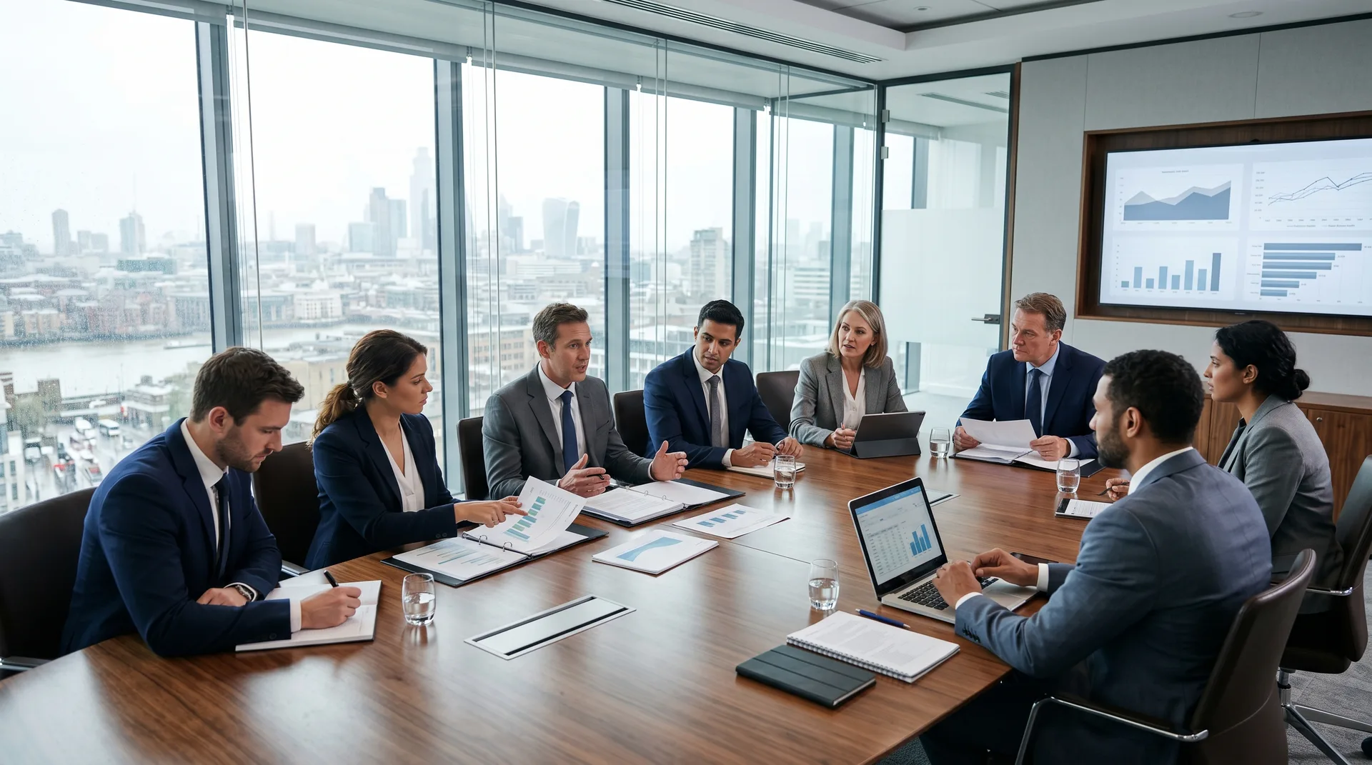 Pharmaceutical executive team meeting to discuss strategic decisions