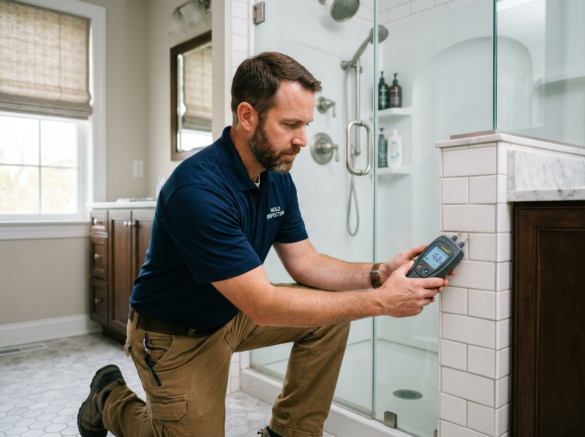 Certified mold inspector using a calibrated moisture meter on bathroom shower tile wall to detect hidden moisture