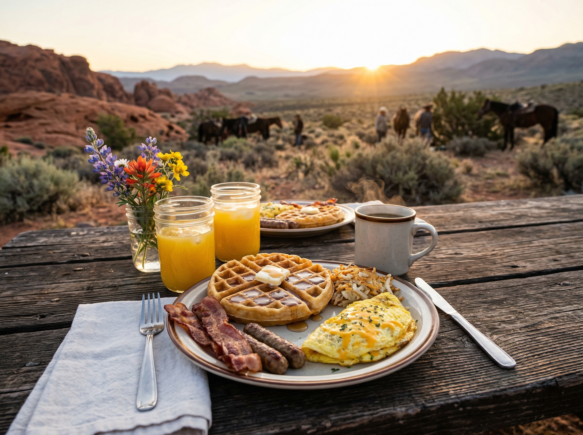Outdoor desert breakfast spread with waffle, omelet, bacon, sausage, hashbrowns and orange juice with horses and red rock canyon in the background