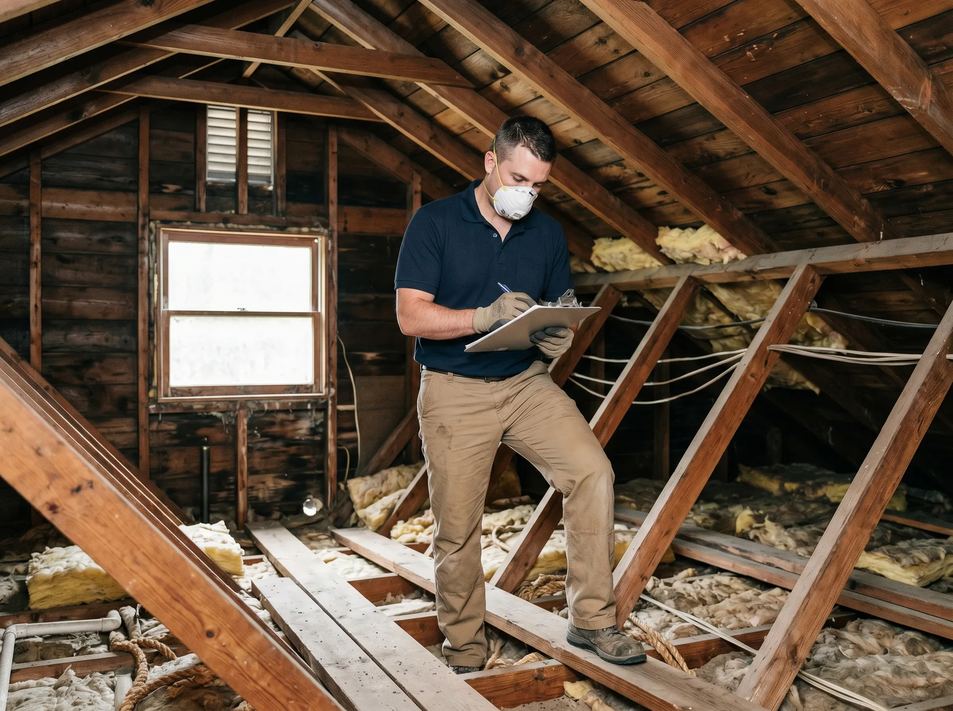 Mold inspector documenting findings in attic space during Virginia Beach mold inspection