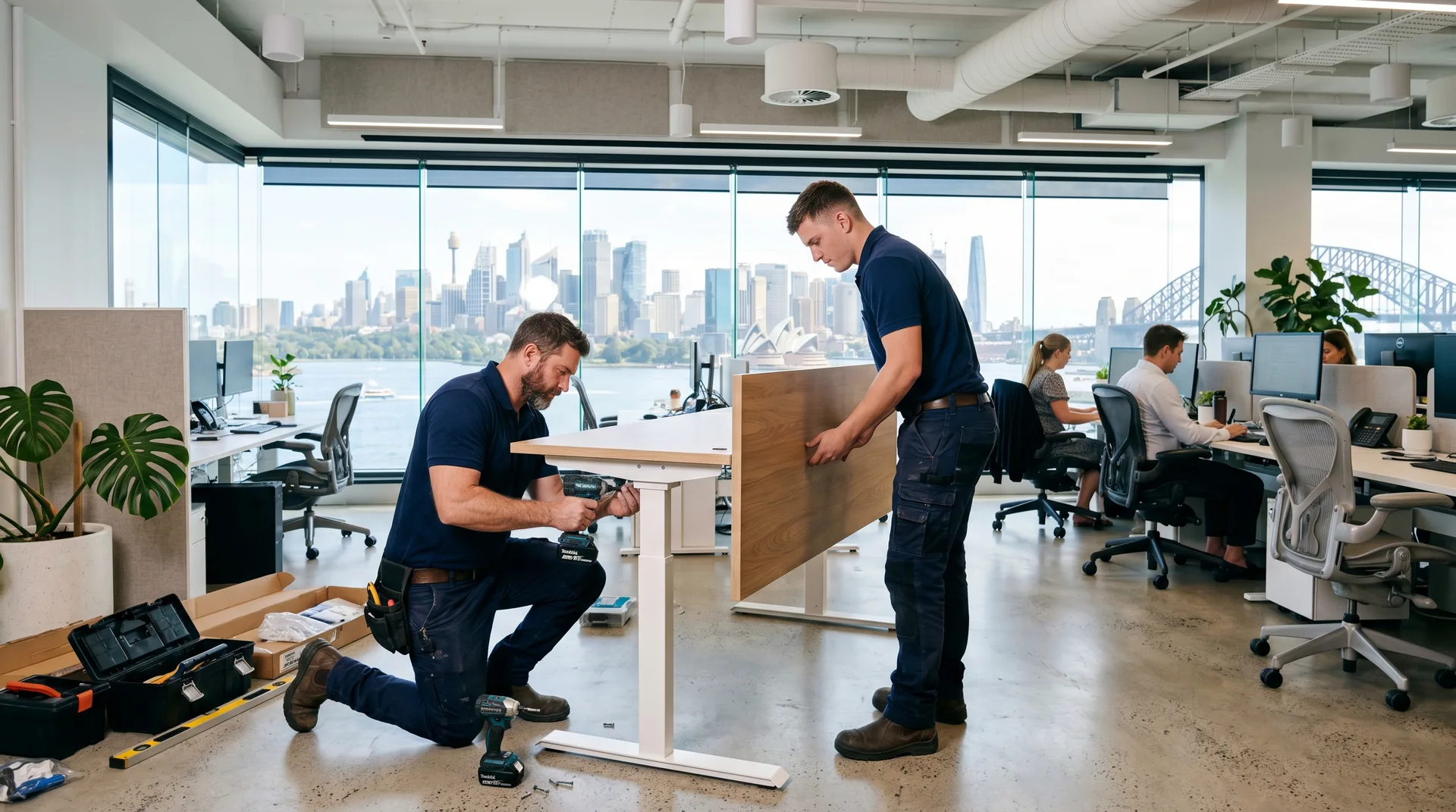 Office furniture delivery and installation Sydney - team assembling desks in a modern office