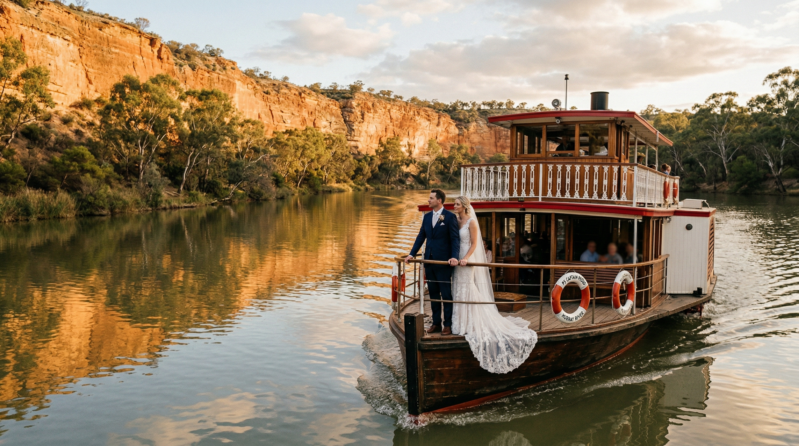 Wedding couple standing on the deck of Captain Proud paddle boat cruising the River Murray at golden hour