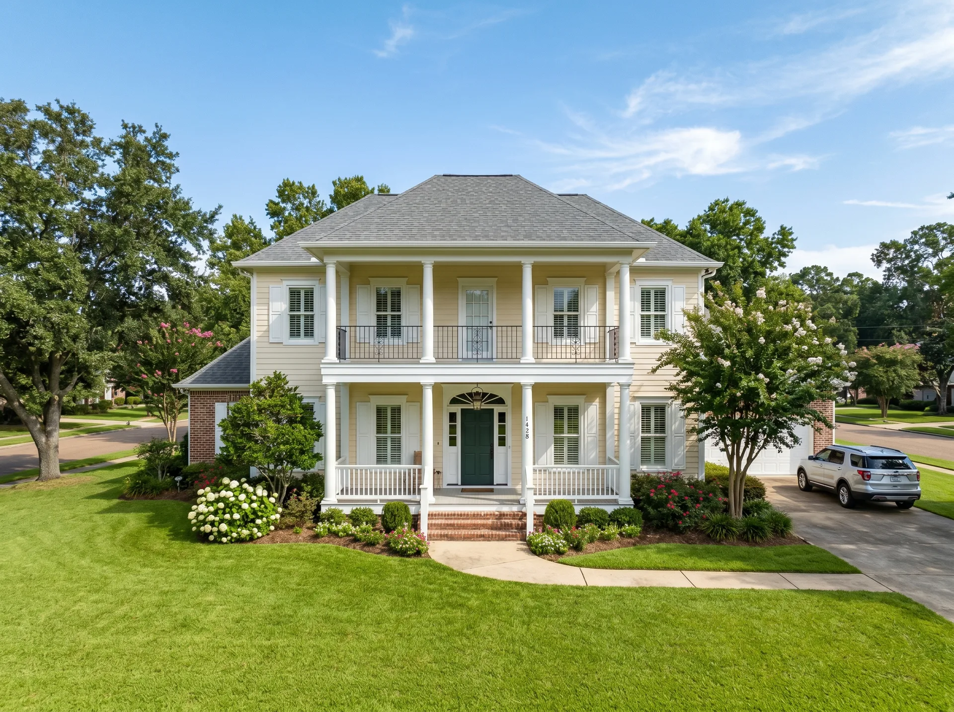 Two-story Louisiana home with fresh cream and white exterior paint job