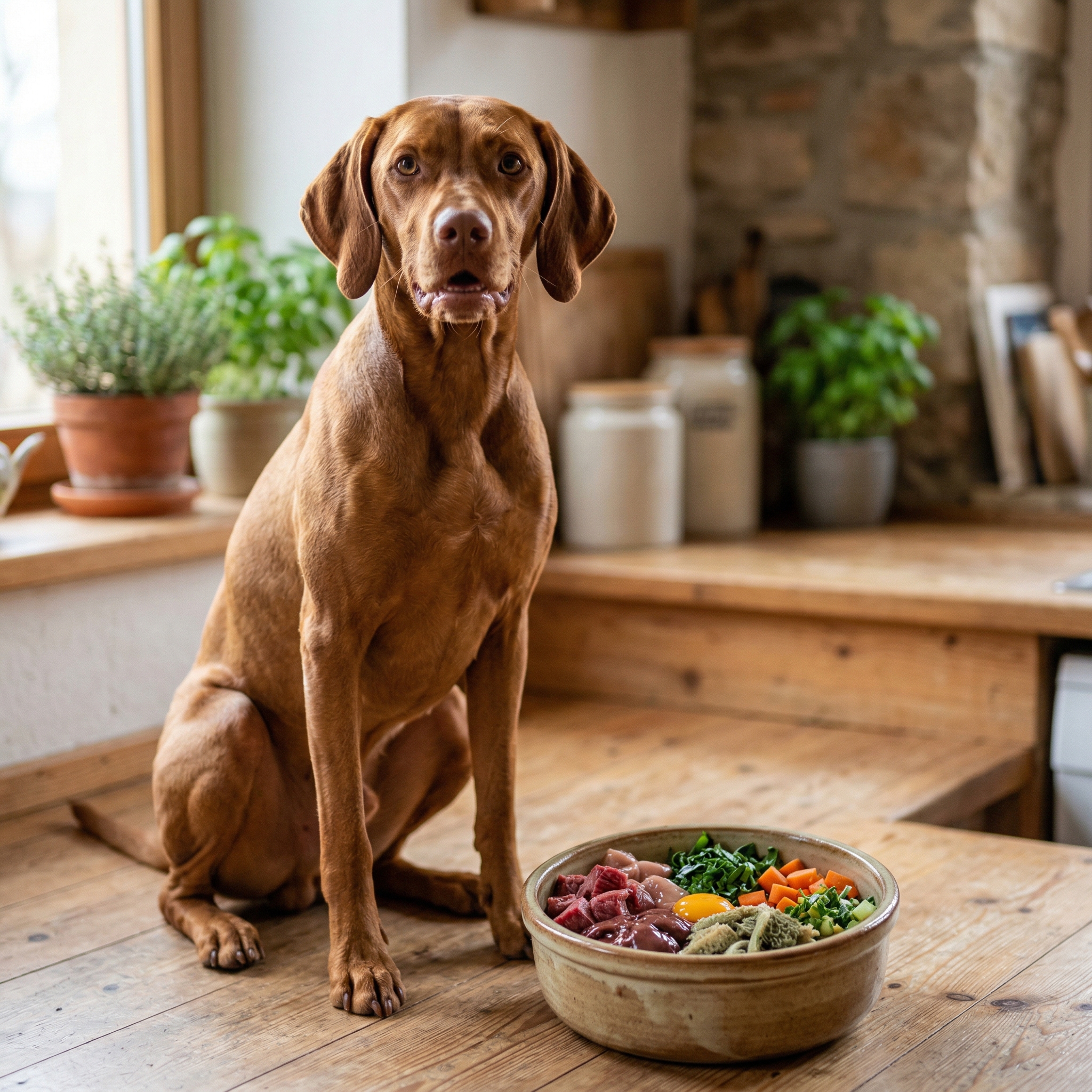Gesunder Hund neben einer Schüssel mit frischem BARF-Futter
