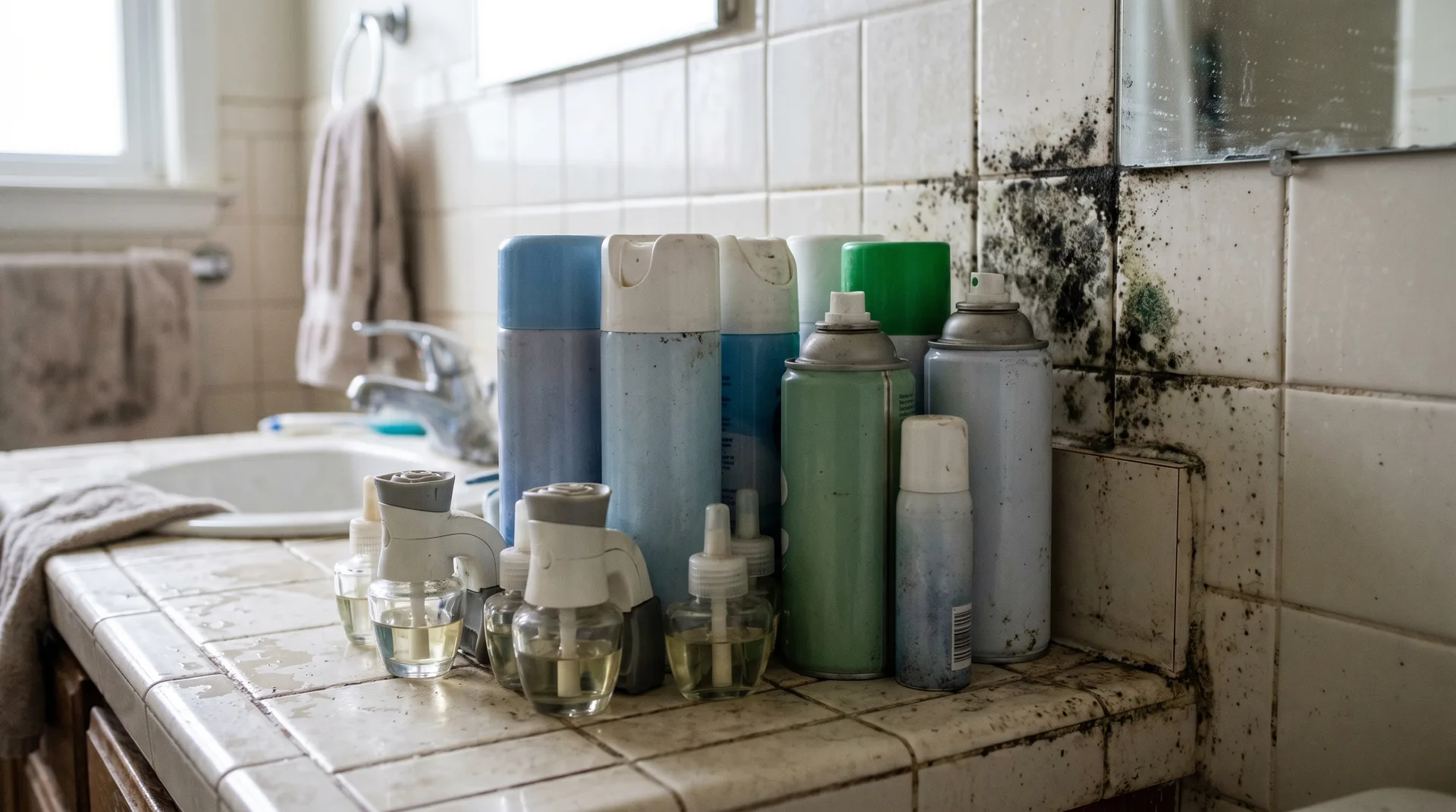 Air freshener spray cans on a bathroom counter next to a wall with visible mold growth - illustrating why air fresheners cannot fix mold problems