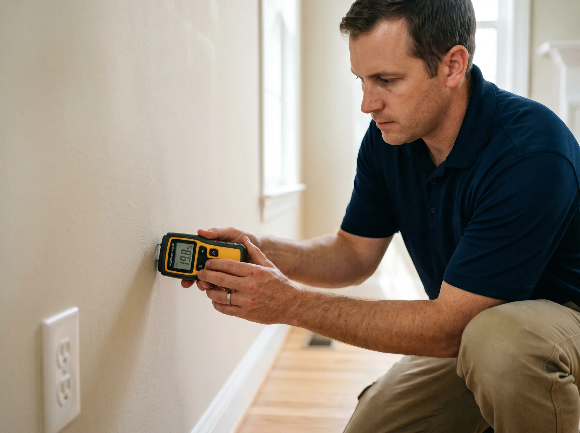 Mold inspector performing post-remediation verification moisture testing in Virginia Beach