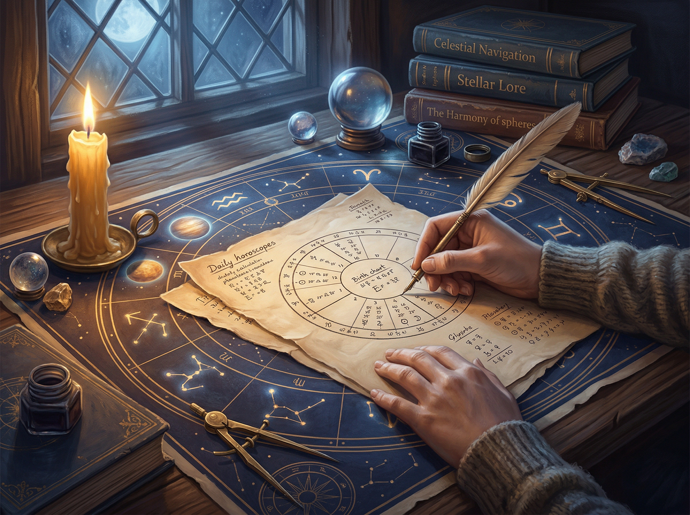 Student studying an astrology birth chart with candle and celestial instruments