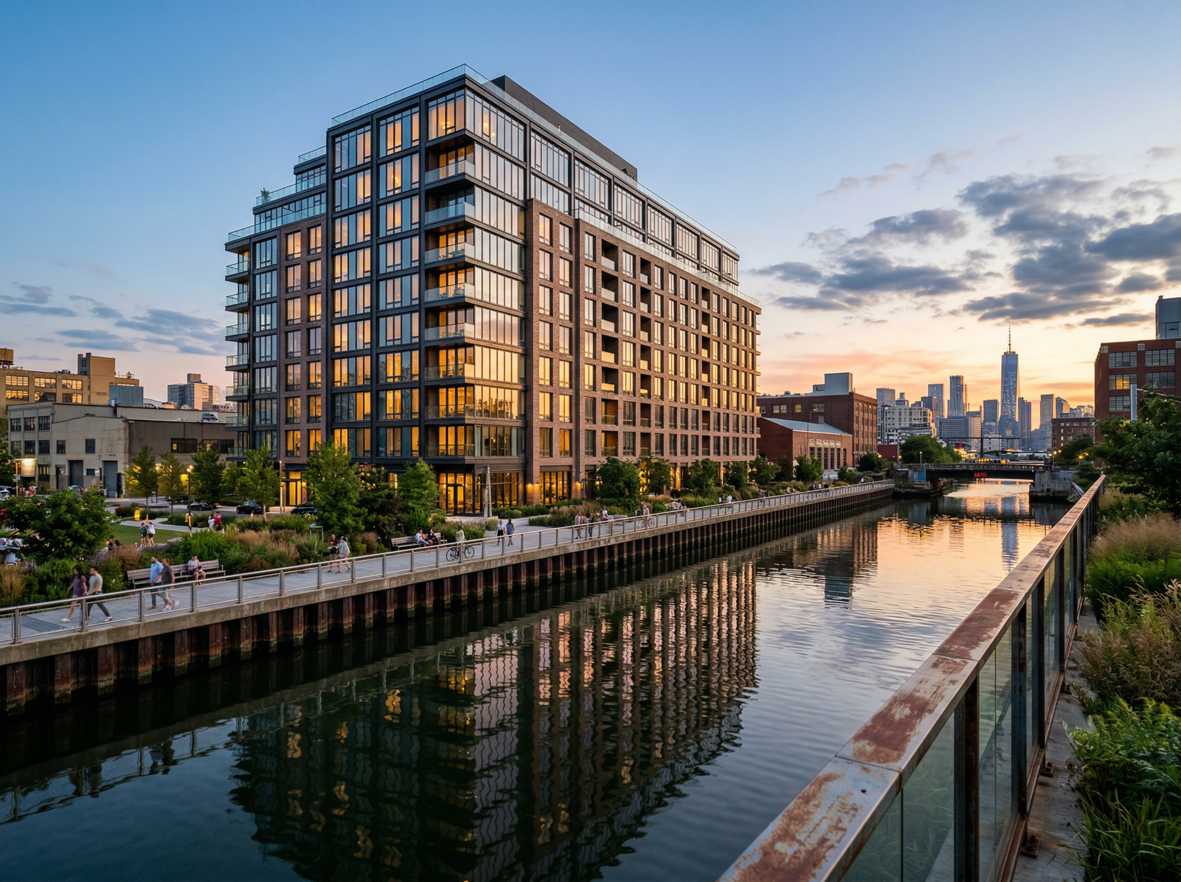 Modern luxury residential building in Brooklyn with NYC skyline at sunset