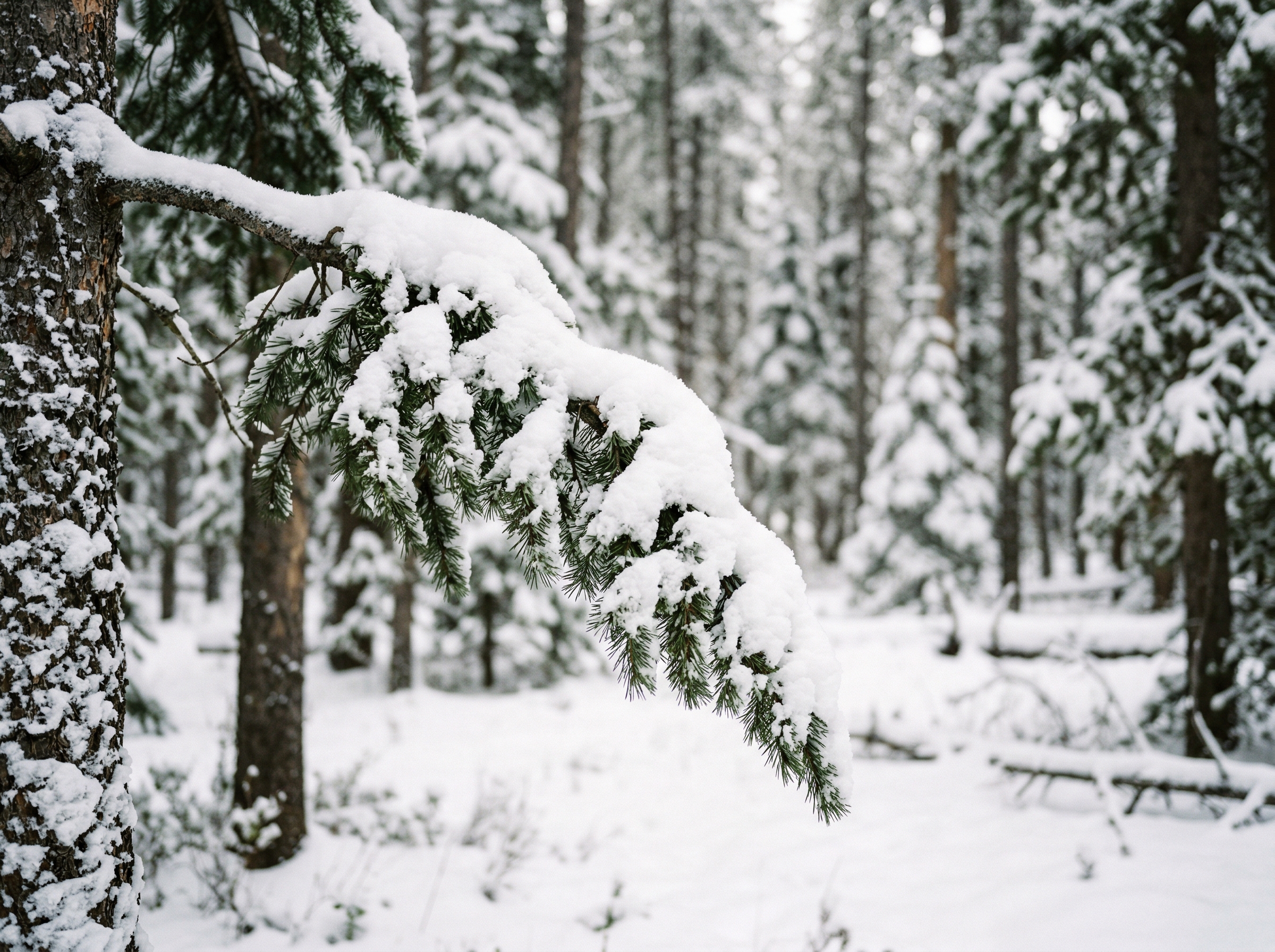 Snow-laden pine forest in Montana Big Sky country with heavy snow on evergreen branches