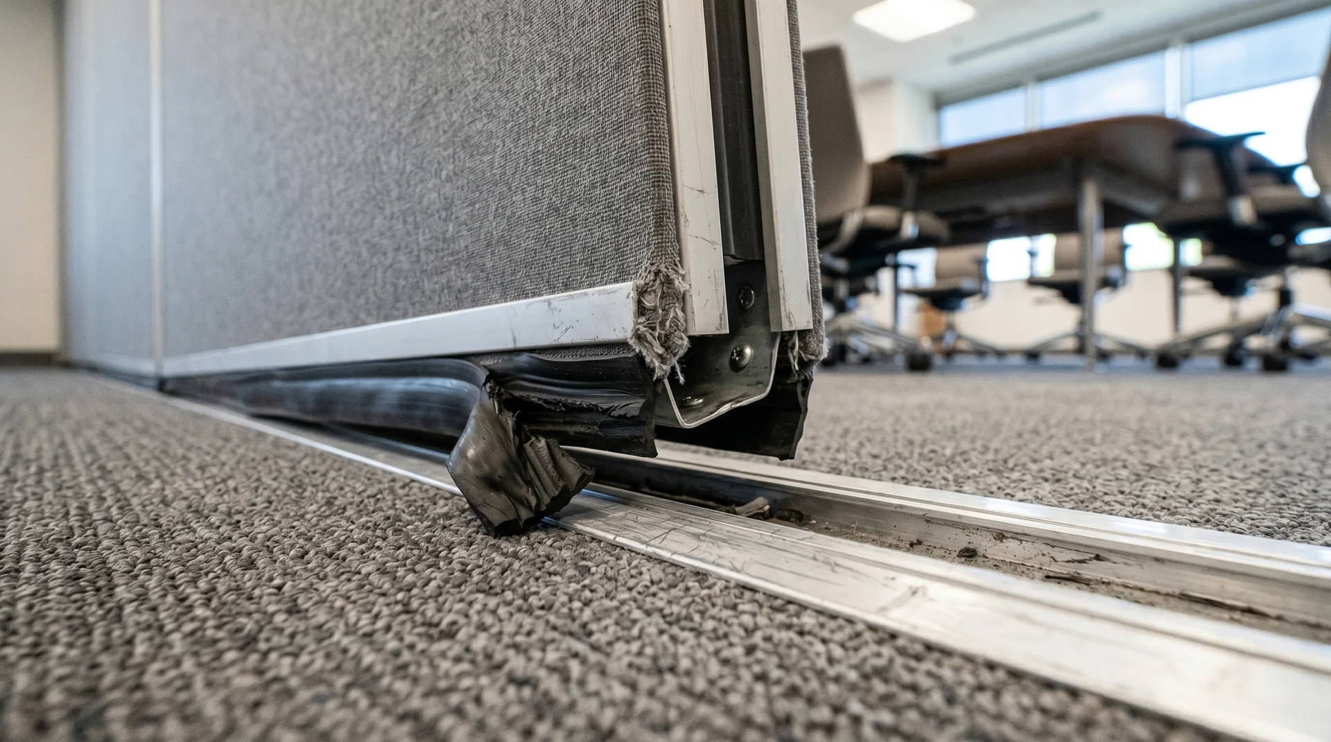 Worn acoustic seal and damaged track on movable wall system requiring repair