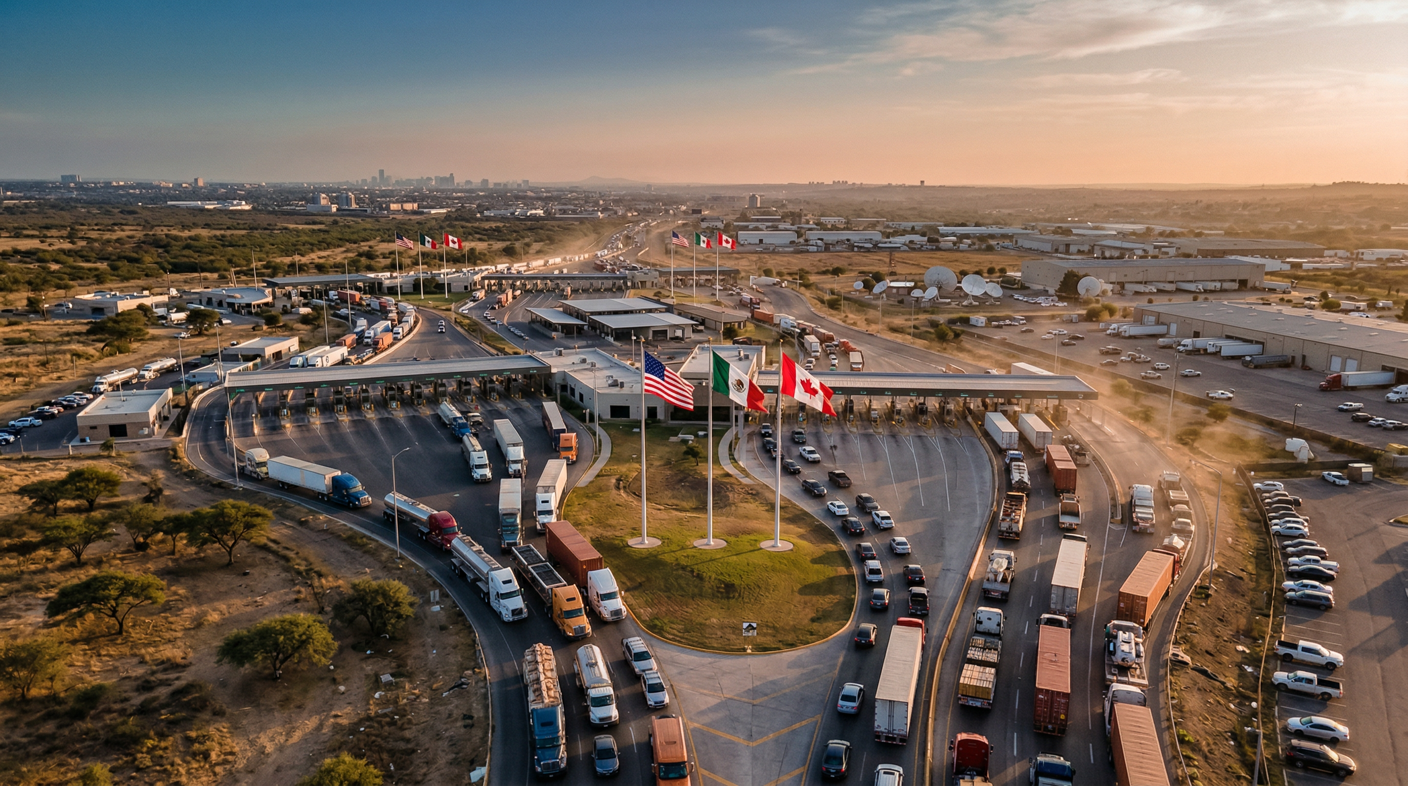 North American border crossing with US, Mexico and Canada flags