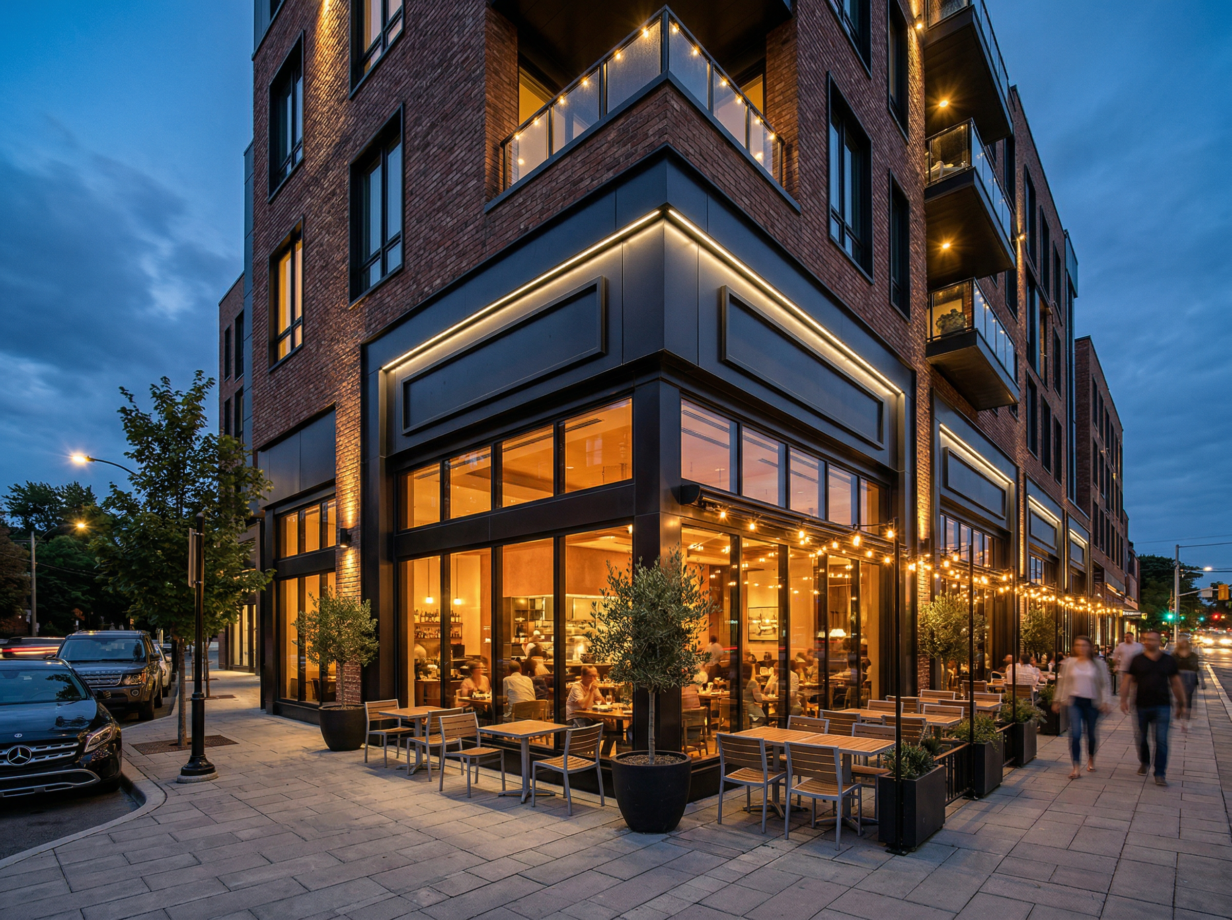 Restaurant and retail mixed-use building at dusk