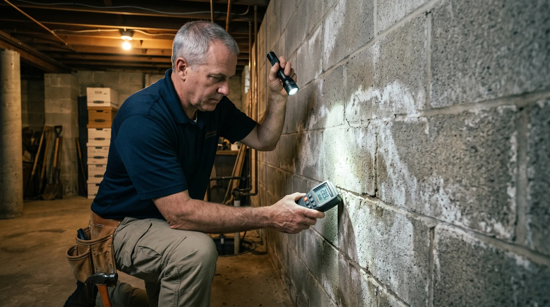 Professional home inspector with moisture meter examining a basement foundation wall with efflorescence - showing moisture problems that are not yet mold