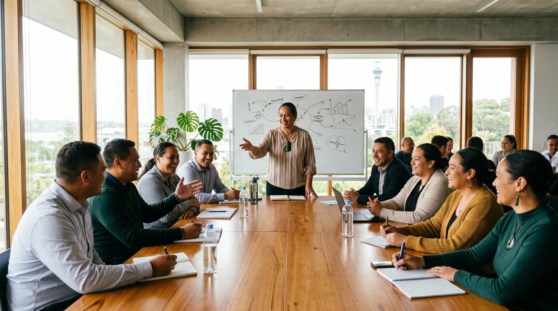Maori business facilitator leading a workshop with engaged participants around a table in Auckland