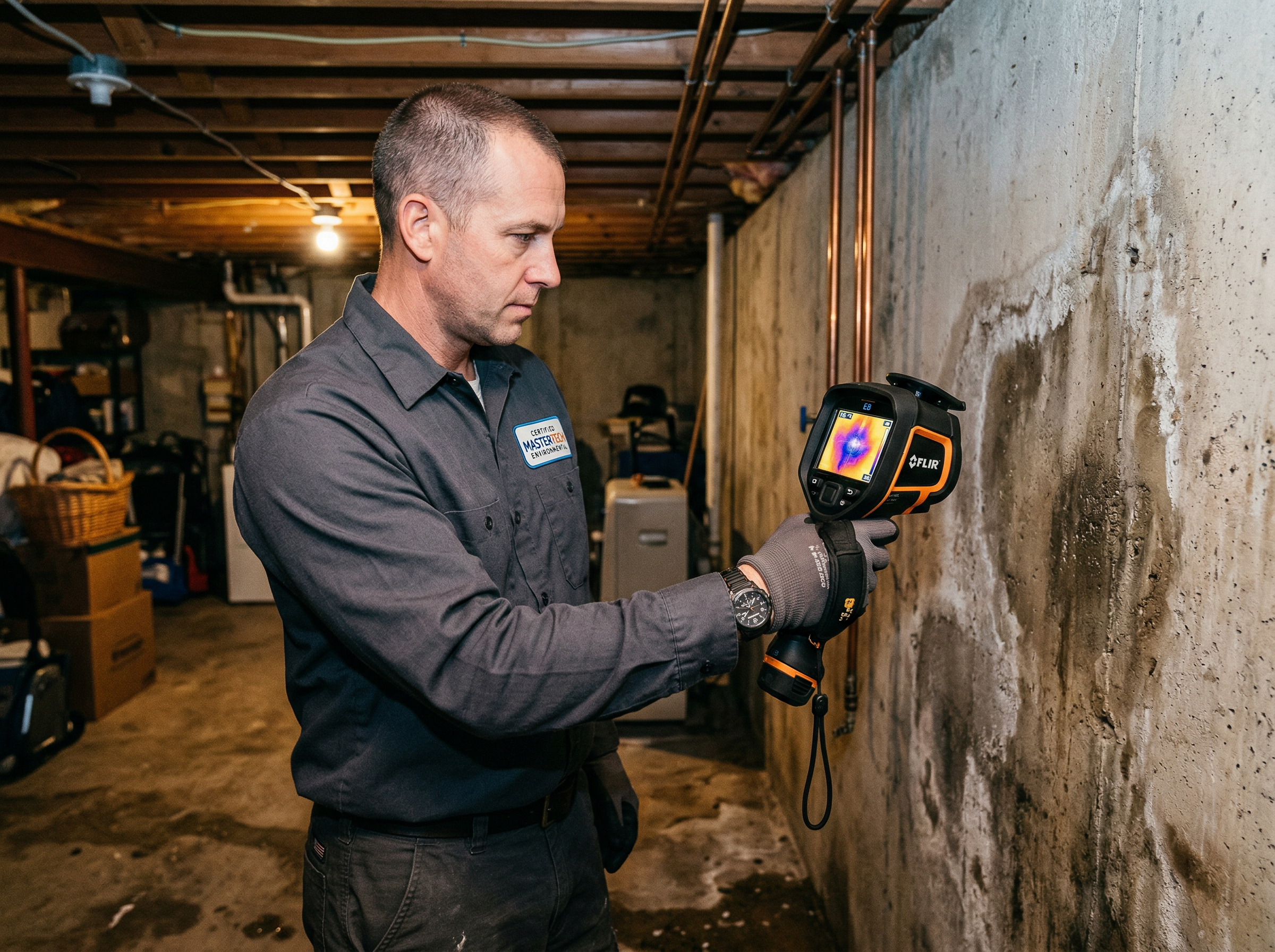 Professional mold inspector using thermal imaging camera in a basement