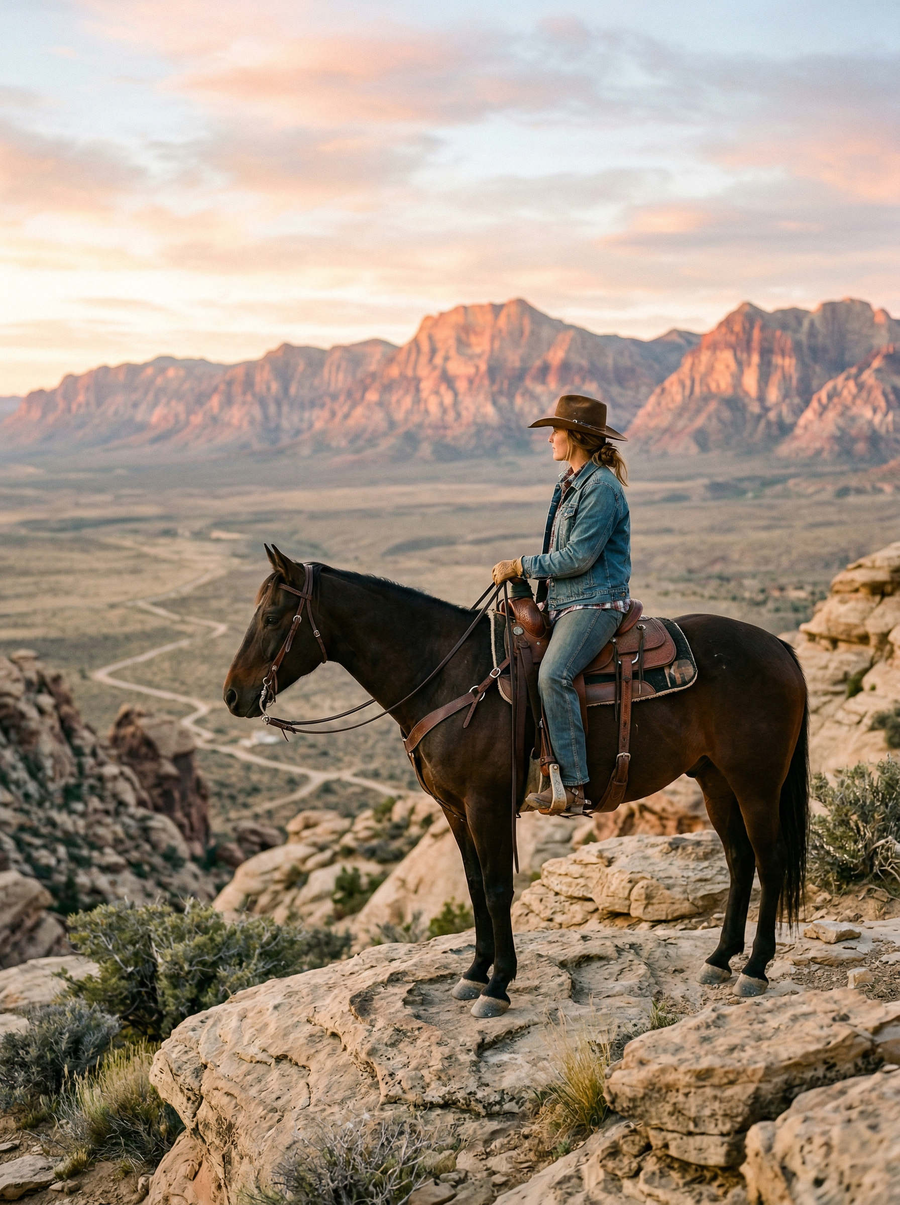 Rider on horseback at a scenic overlook with Nevada mountain range glowing at sunrise