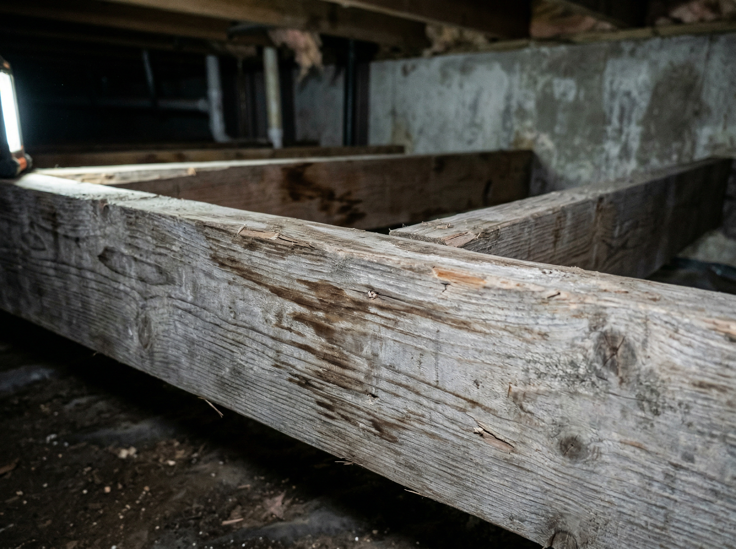 Crawl space floor joists showing gray and dark brown surface discoloration from moisture exposure