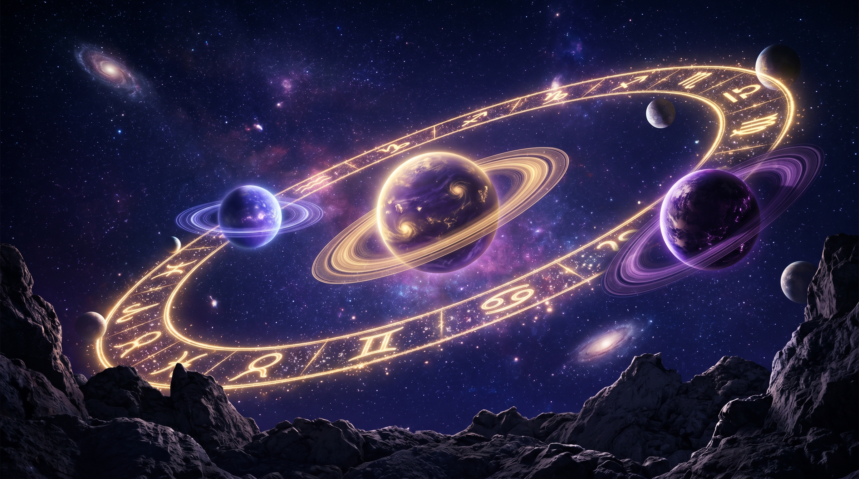 Cosmic planetary transit visualization with glowing zodiac ring and orbiting planets
