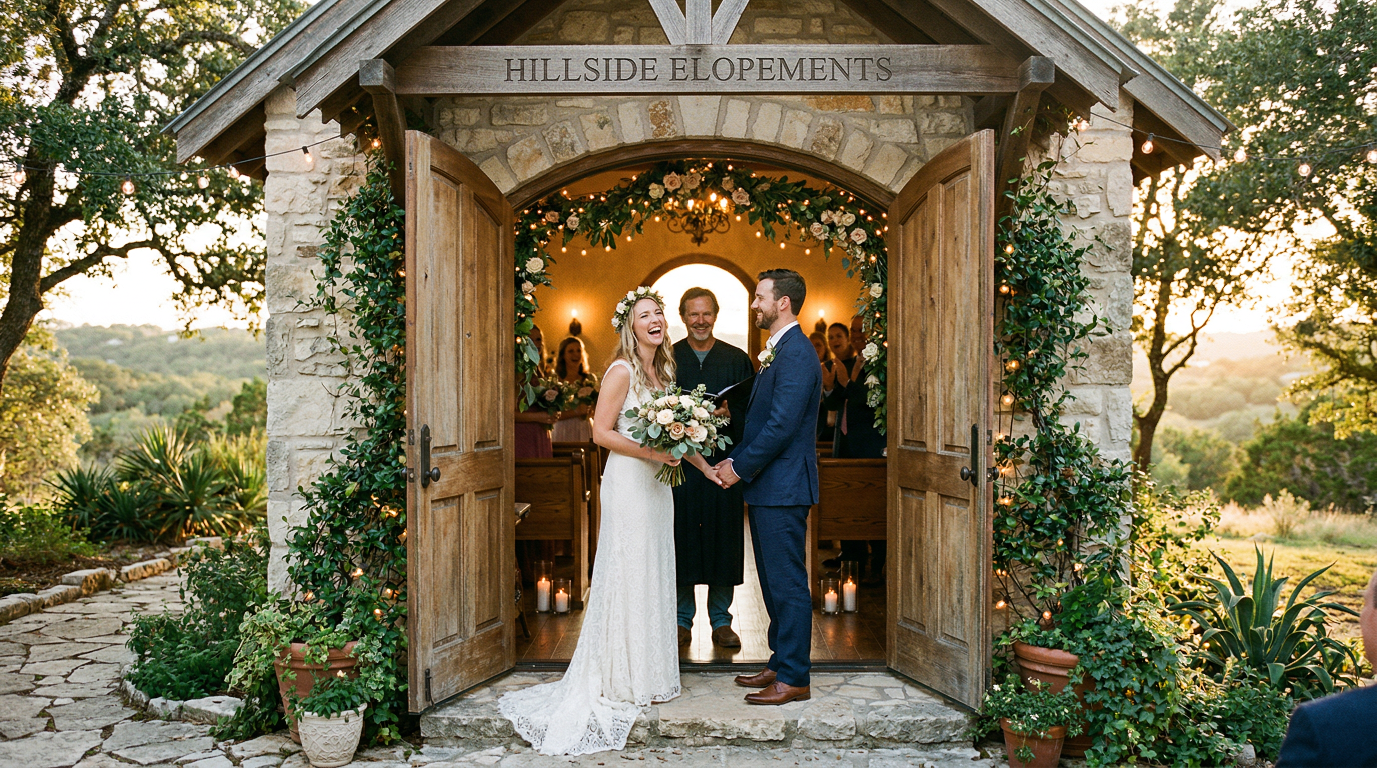 Couple celebrating their wedding ceremony at Chapel of Love ATX private chapel