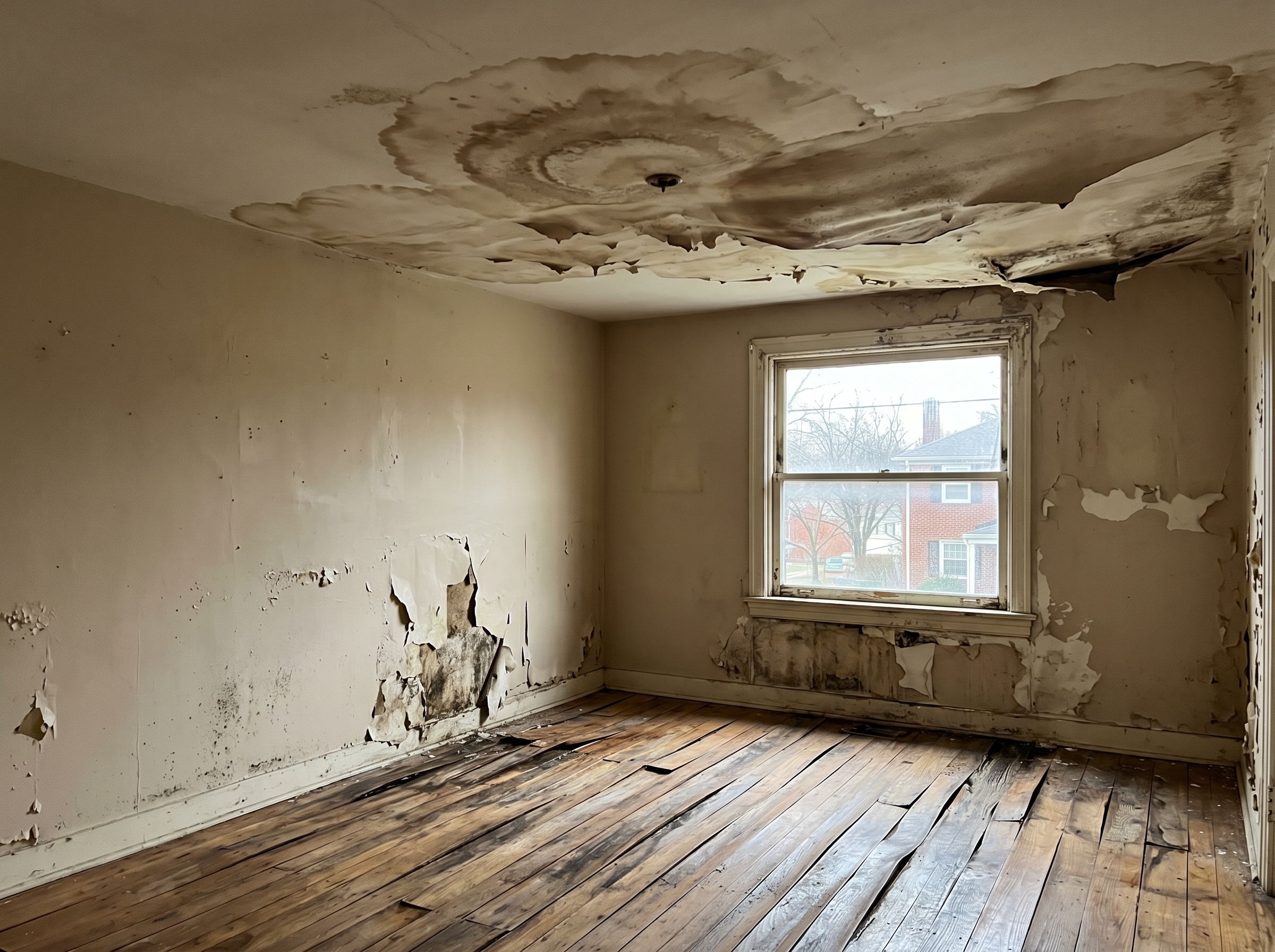 Water-damaged room with stained ceiling, peeling walls, and buckled hardwood floors