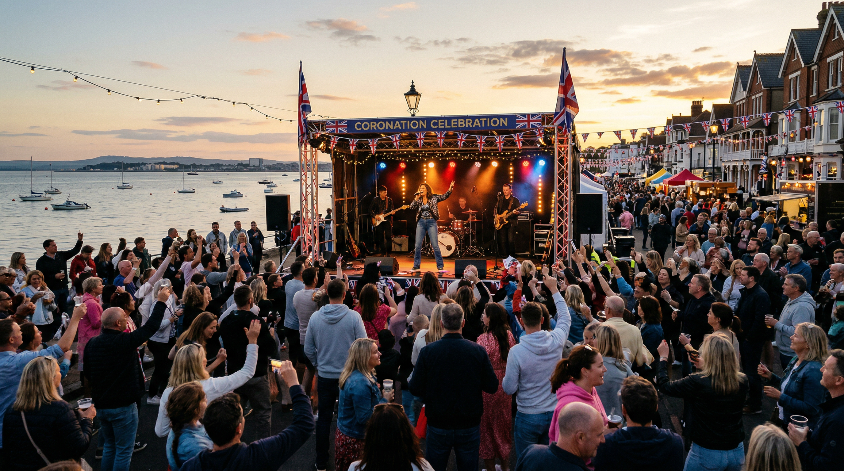 Live band performing on stage at the Lee-on-the-Solent coronation celebration seafront event
