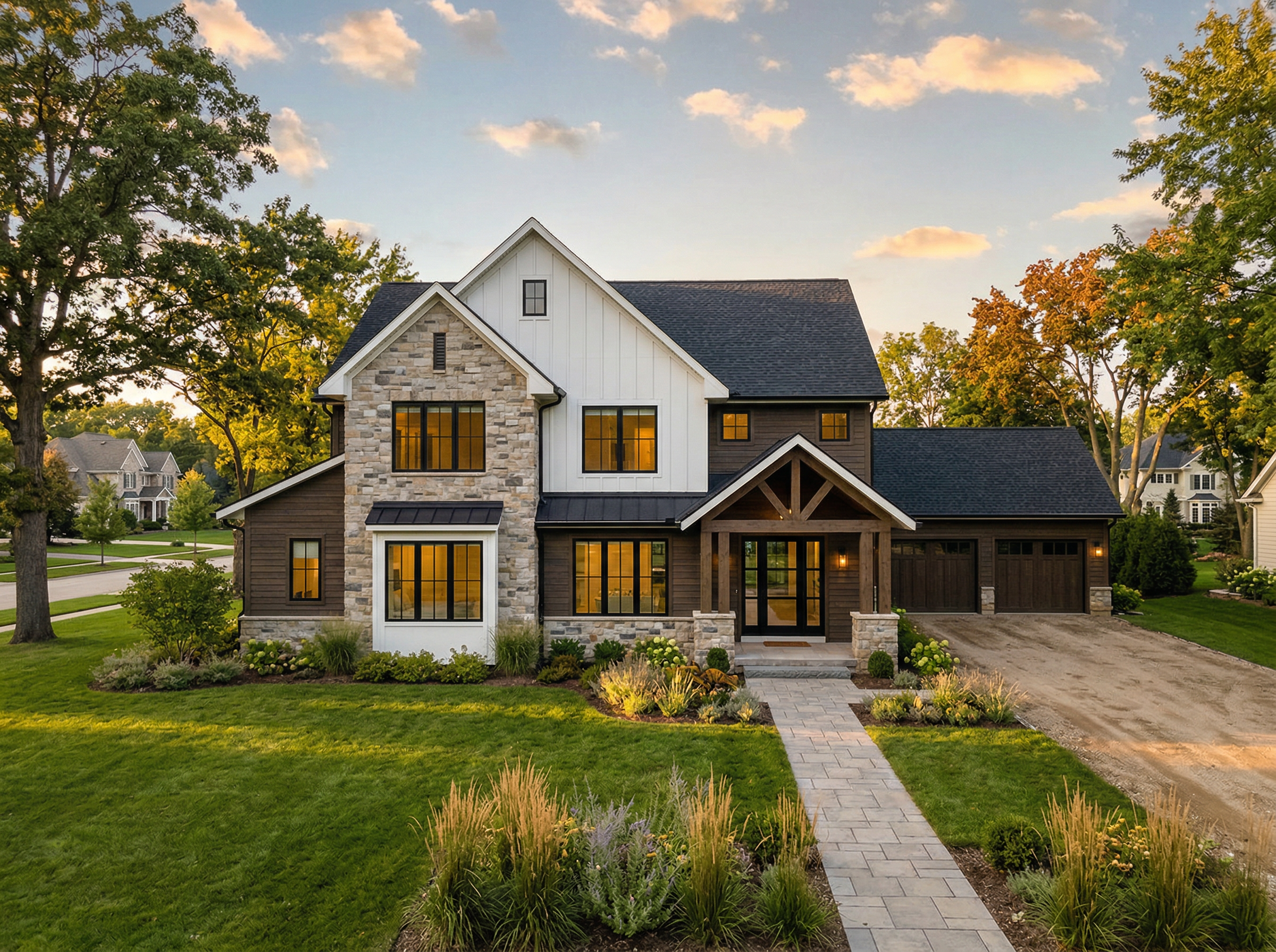 Luxury custom home exterior at golden hour