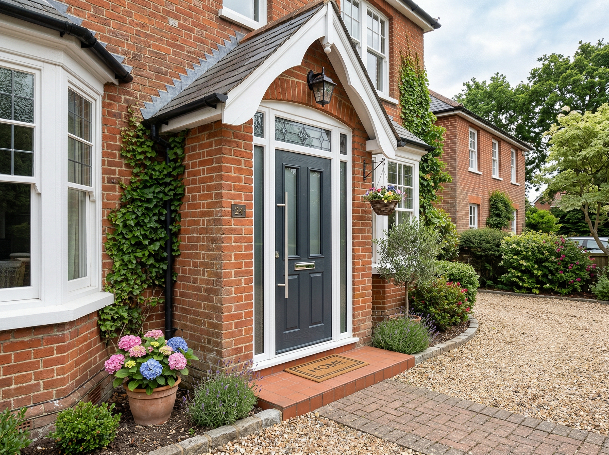 Anthracite grey composite front door on traditional British home with white uPVC frame