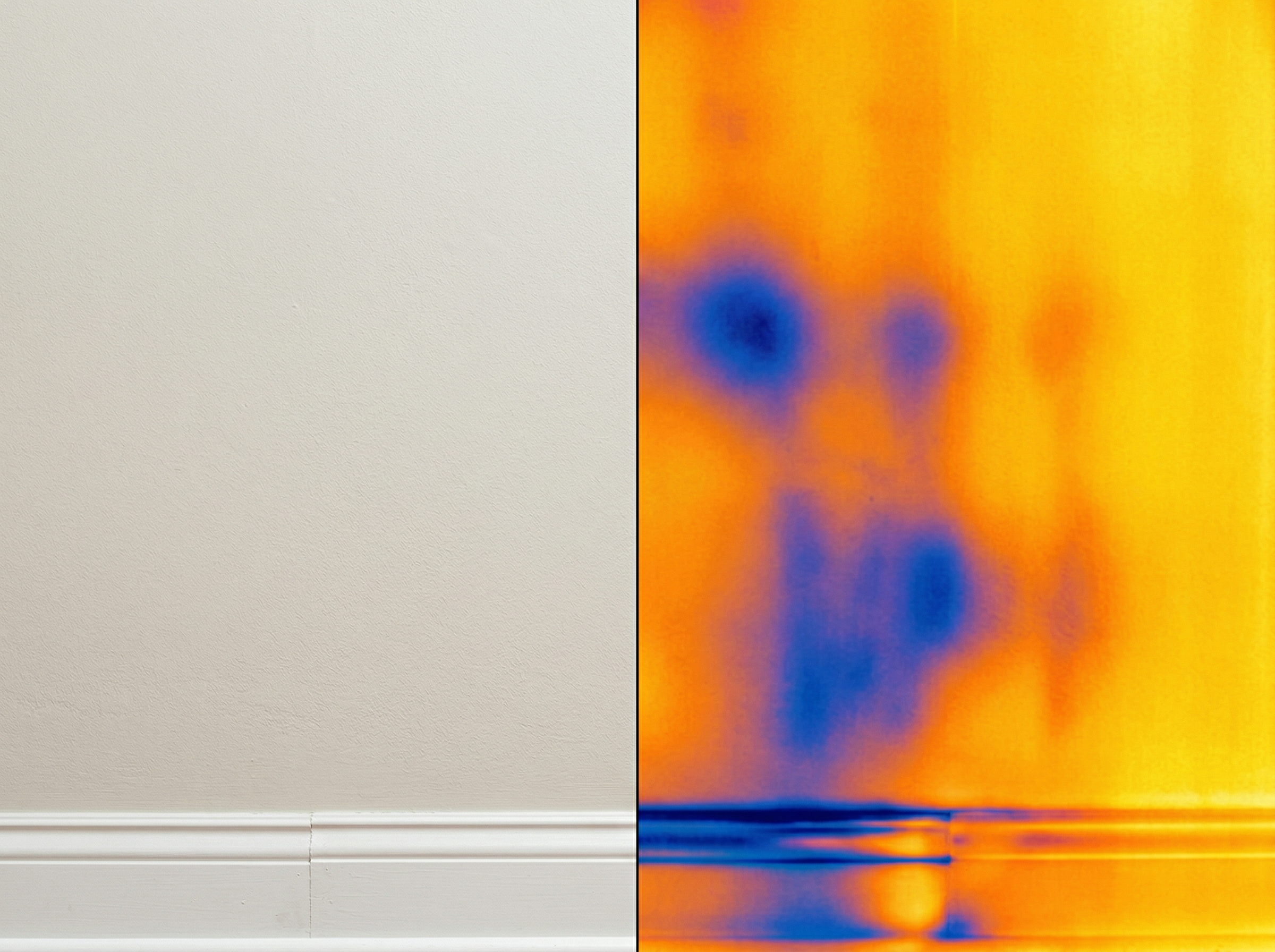 Side-by-side comparison of a normal wall and its thermal infrared image showing hidden moisture