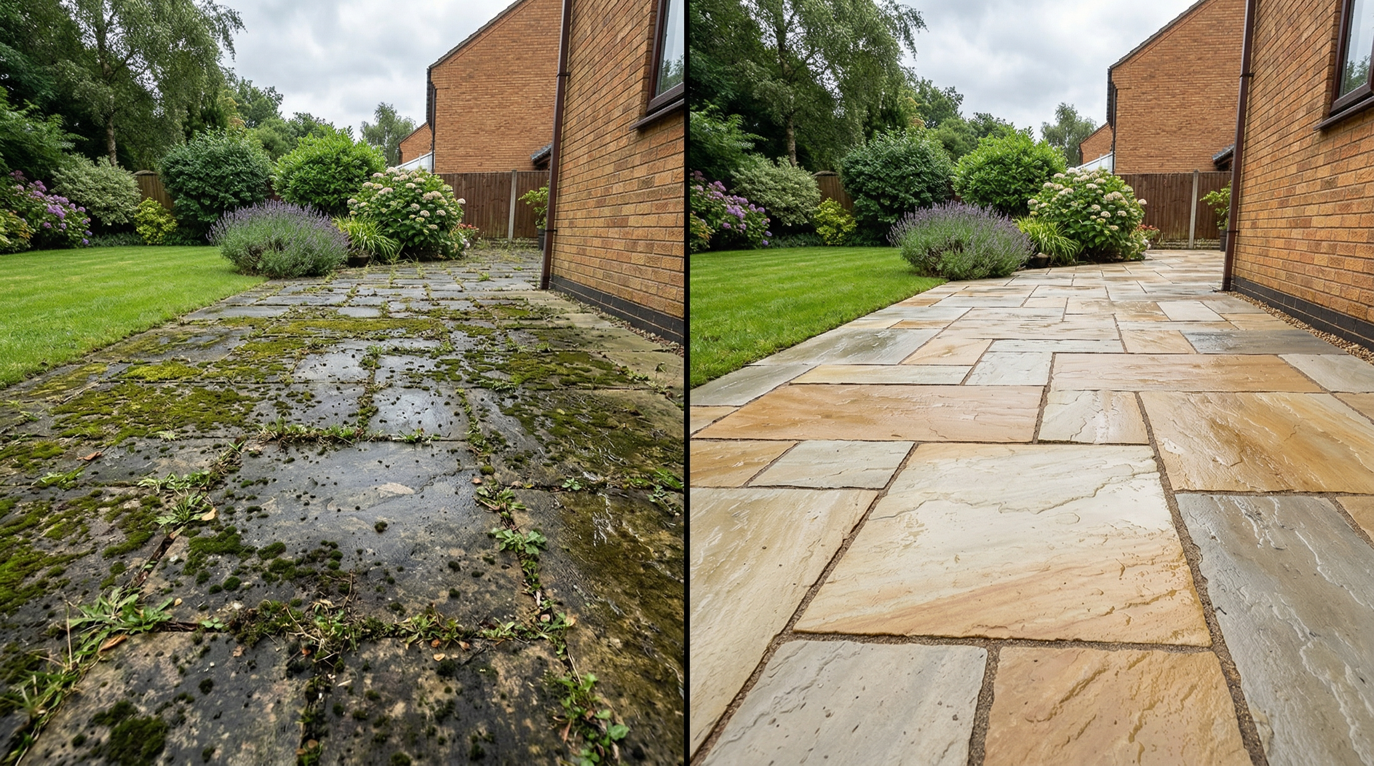Before and after patio cleaning — natural stone slabs restored after jet washing