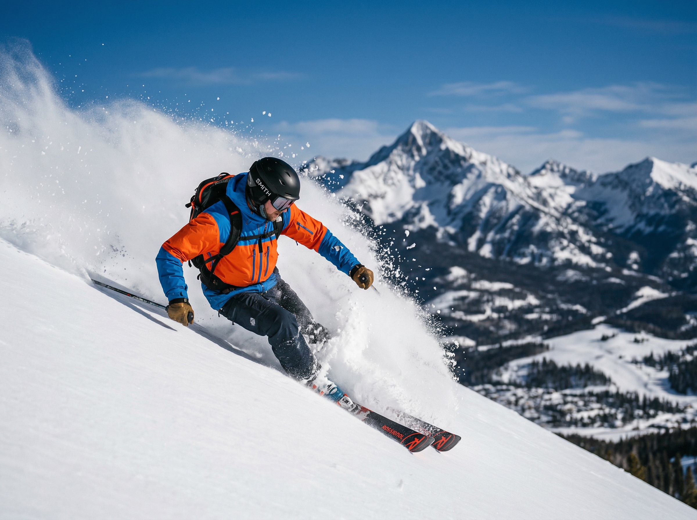 Skier carving powder snow at Big Sky Resort Montana with mountain peaks in background