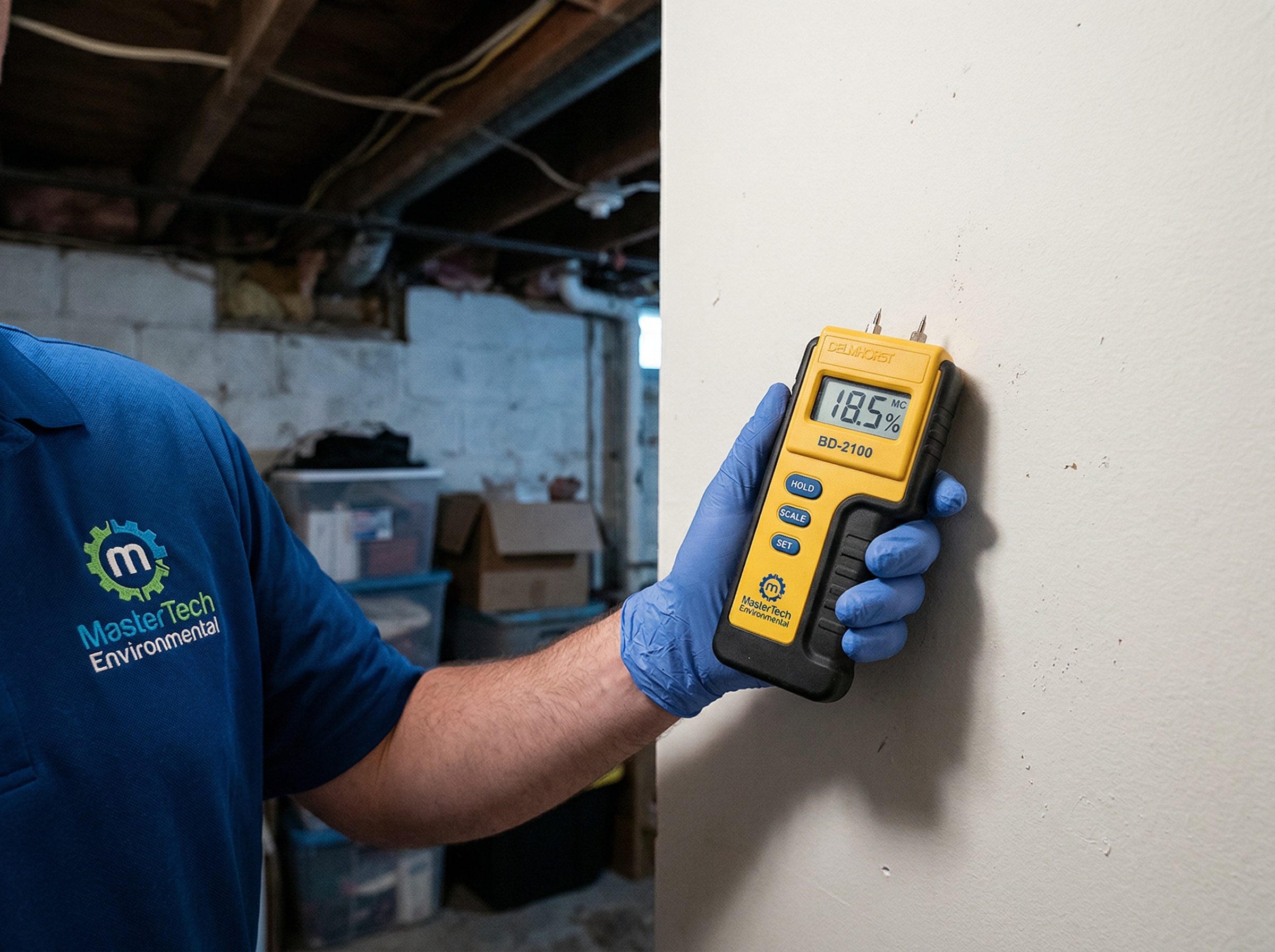 Inspector using digital moisture meter on interior wall