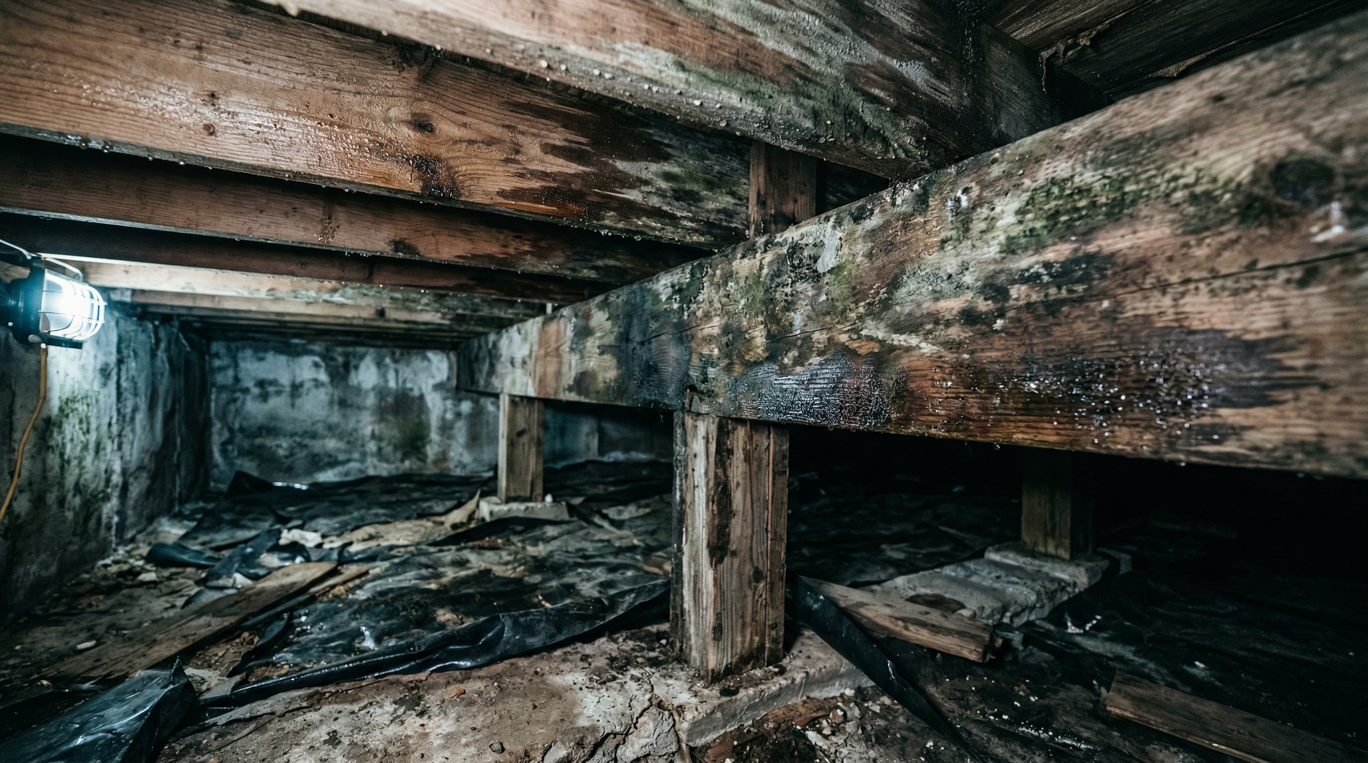 Crawlspace interior showing mold growth on wood floor joists