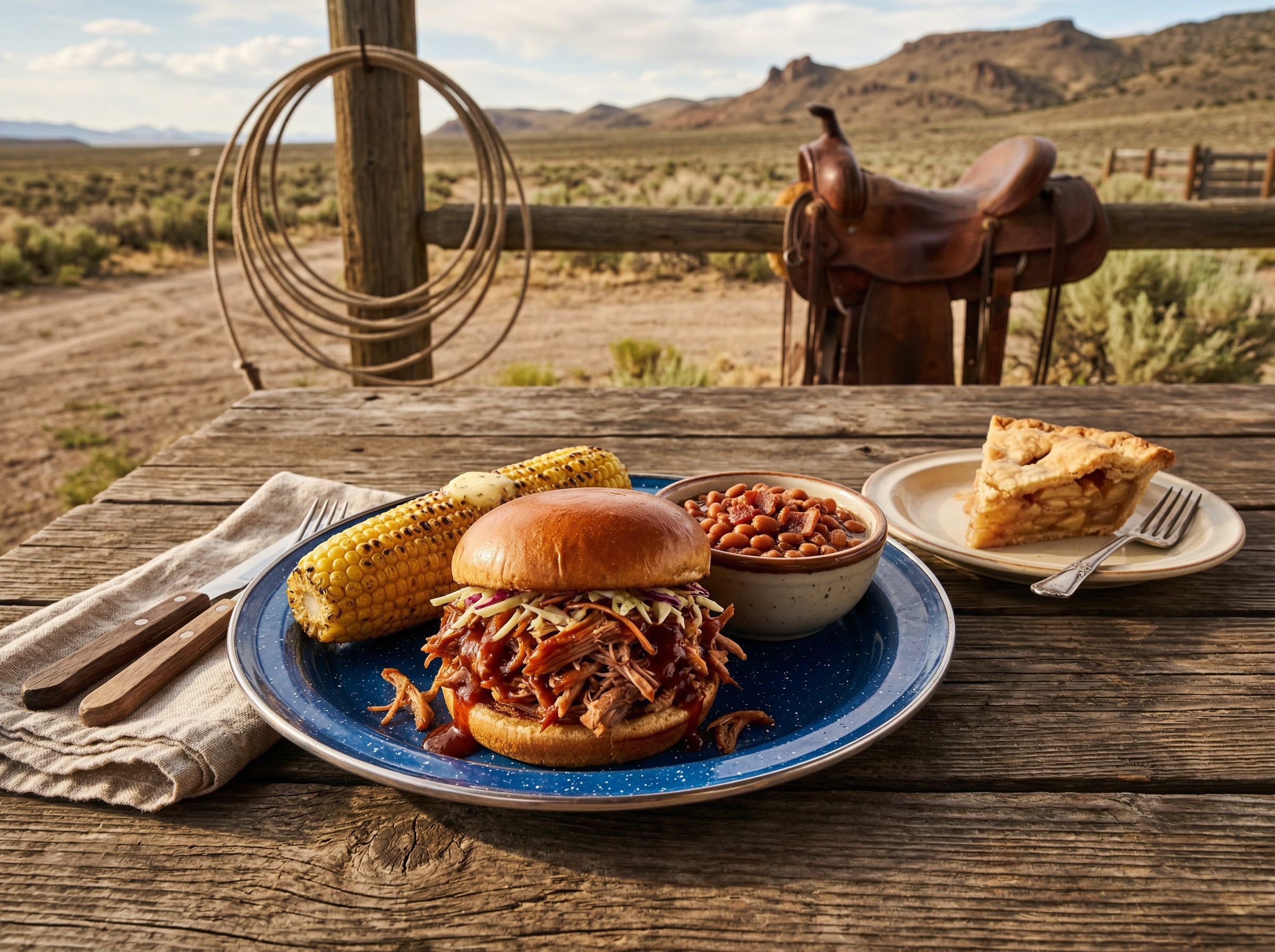 Western BBQ lunch with sandwich, corn on the cob, baked beans, and pie on rustic table with Nevada desert backdrop