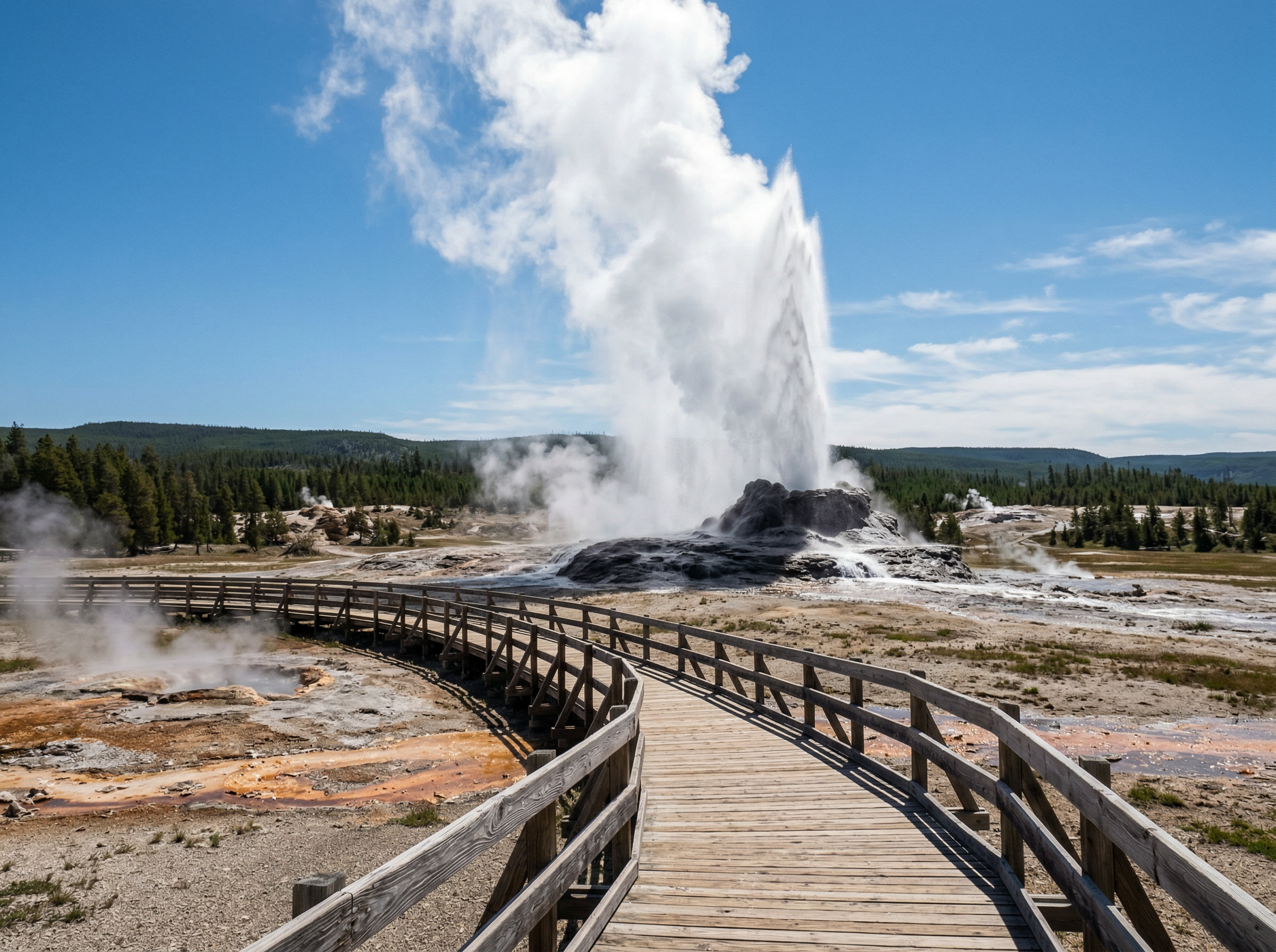 Geyser erupting in Yellowstone National Park with wooden boardwalk in foreground and blue sky above