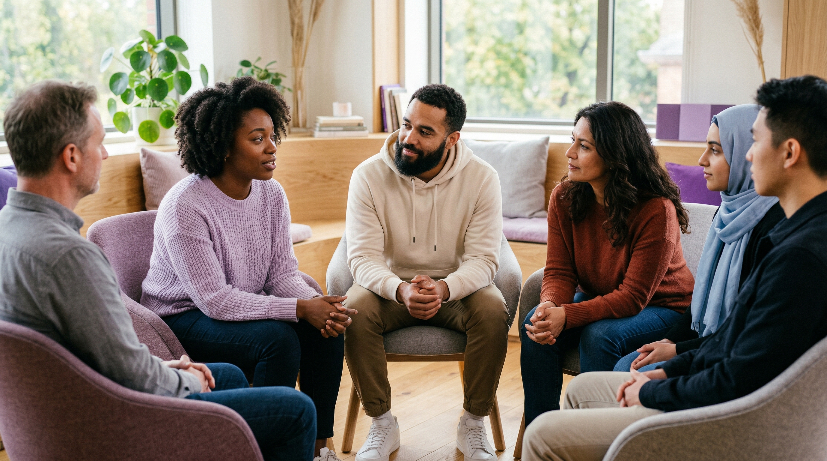 Diverse group of people sitting in a supportive community circle