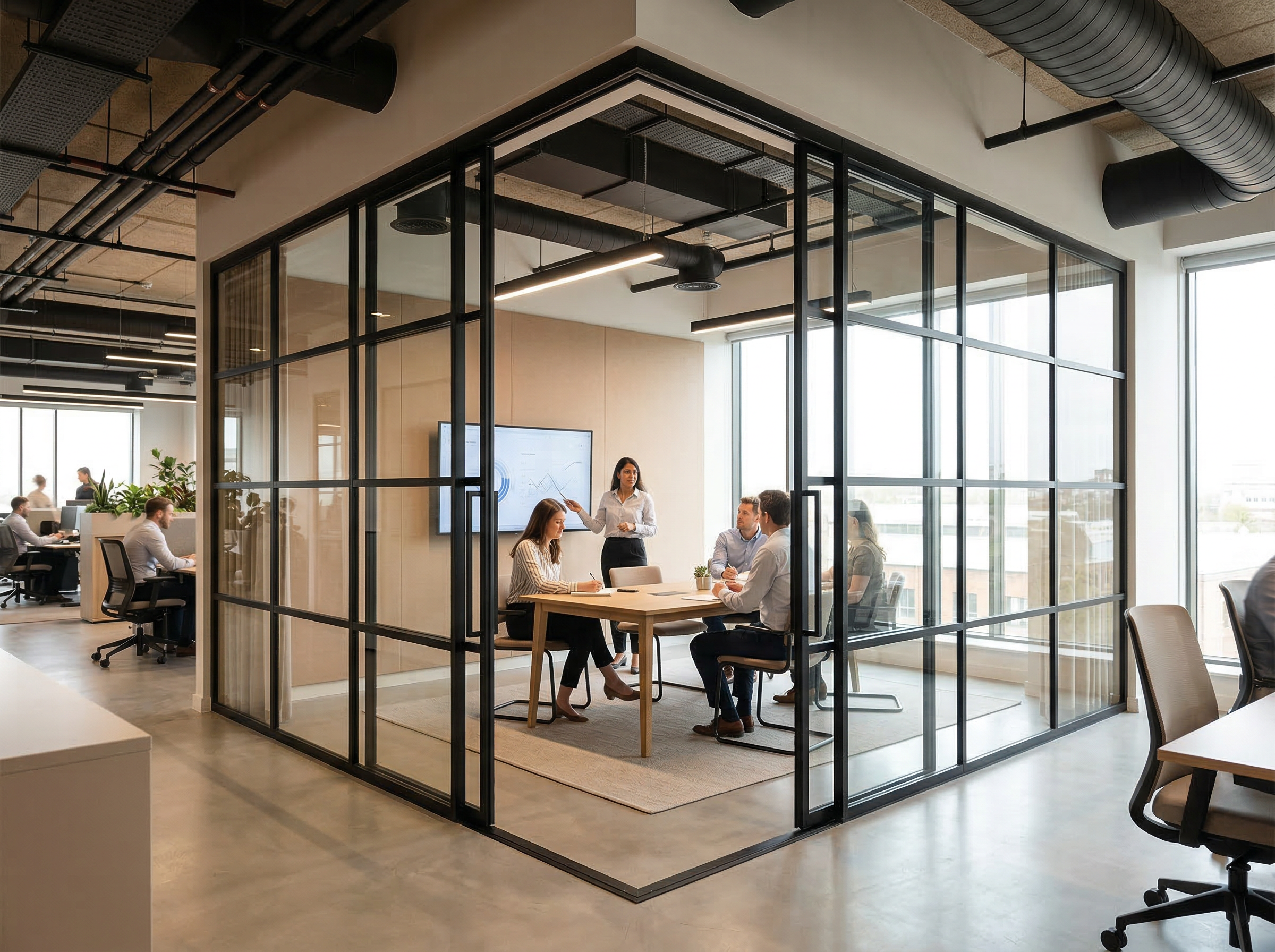 MG900 Crittall corner room installation with team meeting inside, open-plan office visible beyond the glass