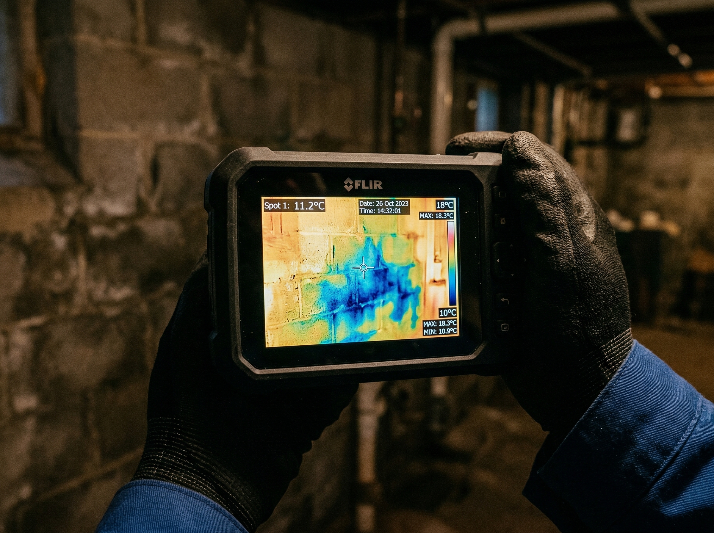 Thermal imaging camera showing moisture map of basement wall