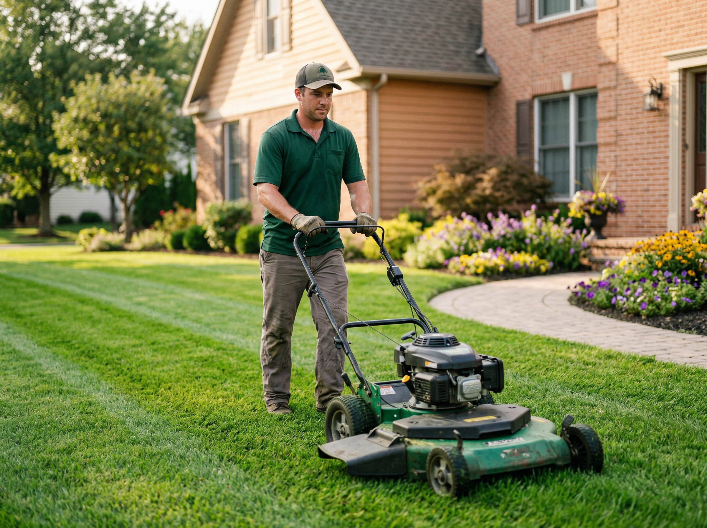 Sunset Lawn and Landscape professional mowing a residential lawn in Marlton NJ