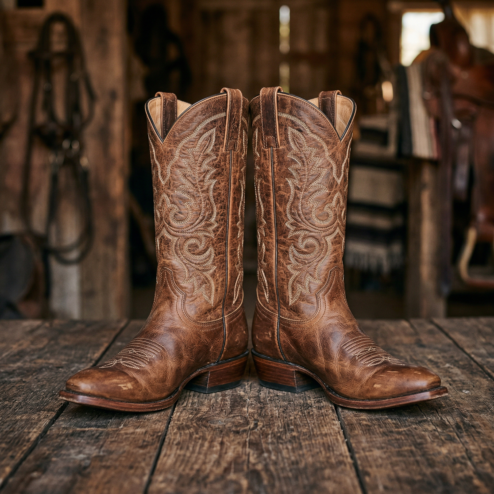 Premium western cowboy boots on rustic wood